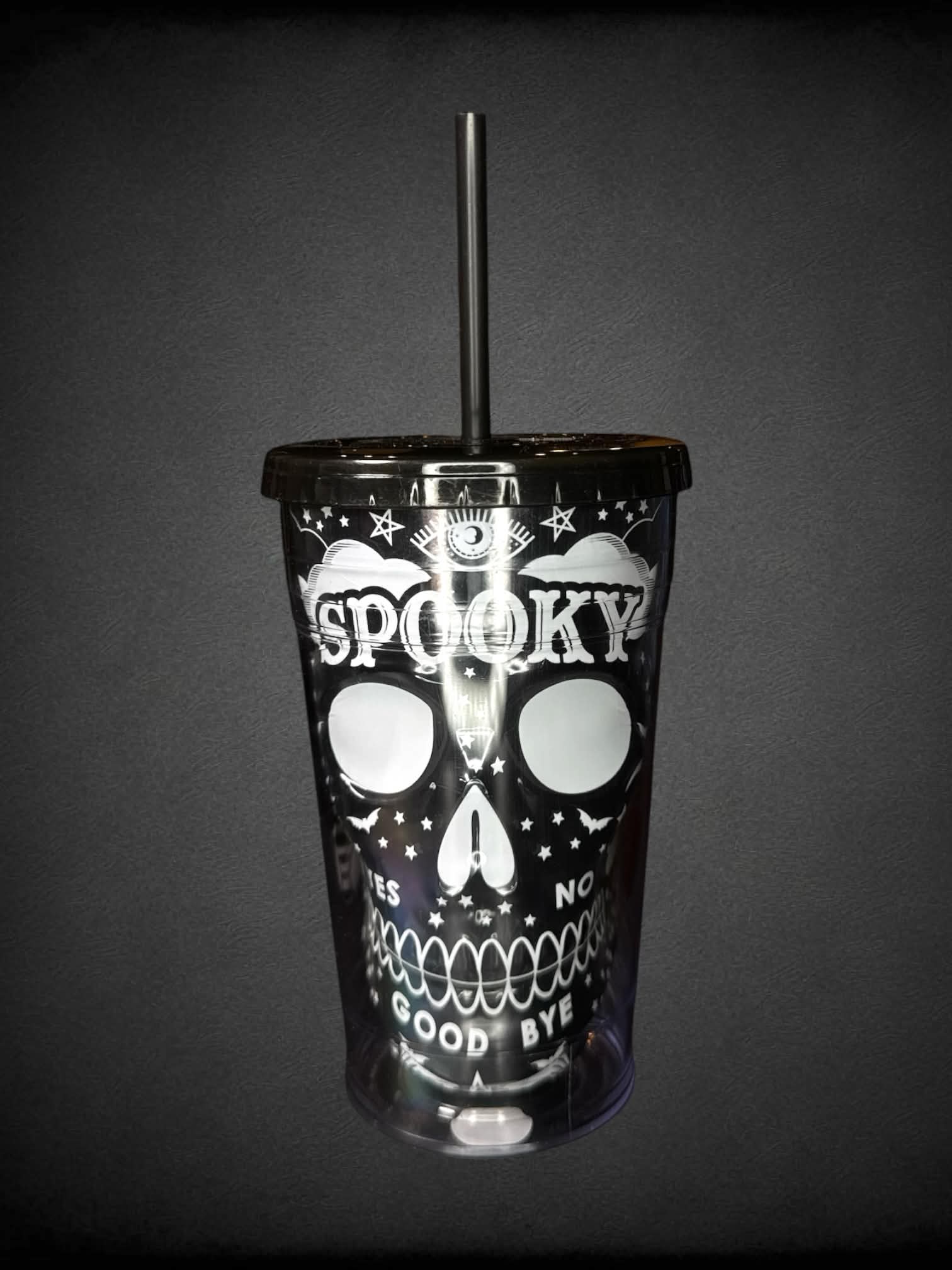 Cool Gear black tumbler cup with 3D skull design and spooky illustrations
