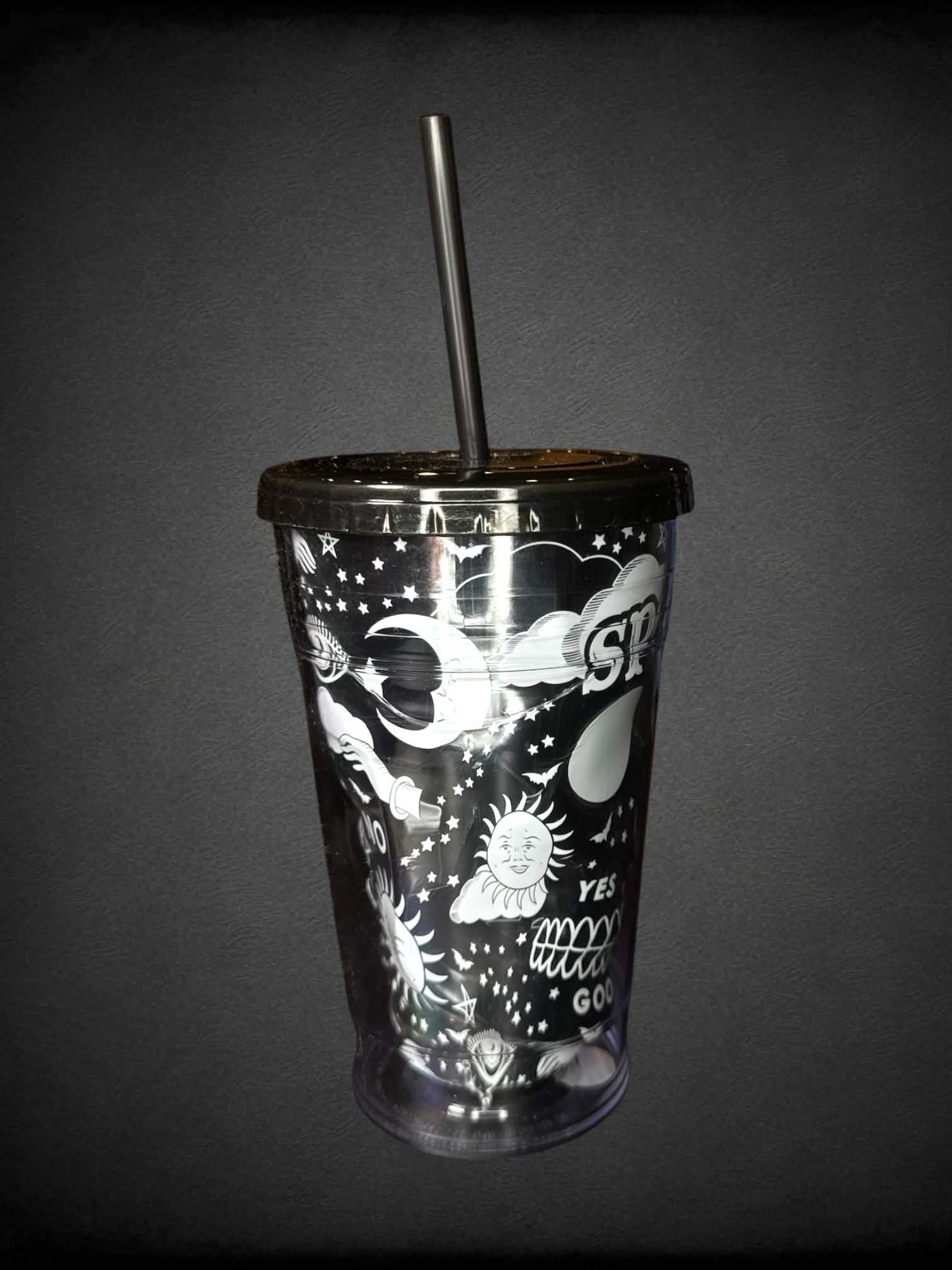 Cool Gear black tumbler cup with 3D skull design and spooky illustrations