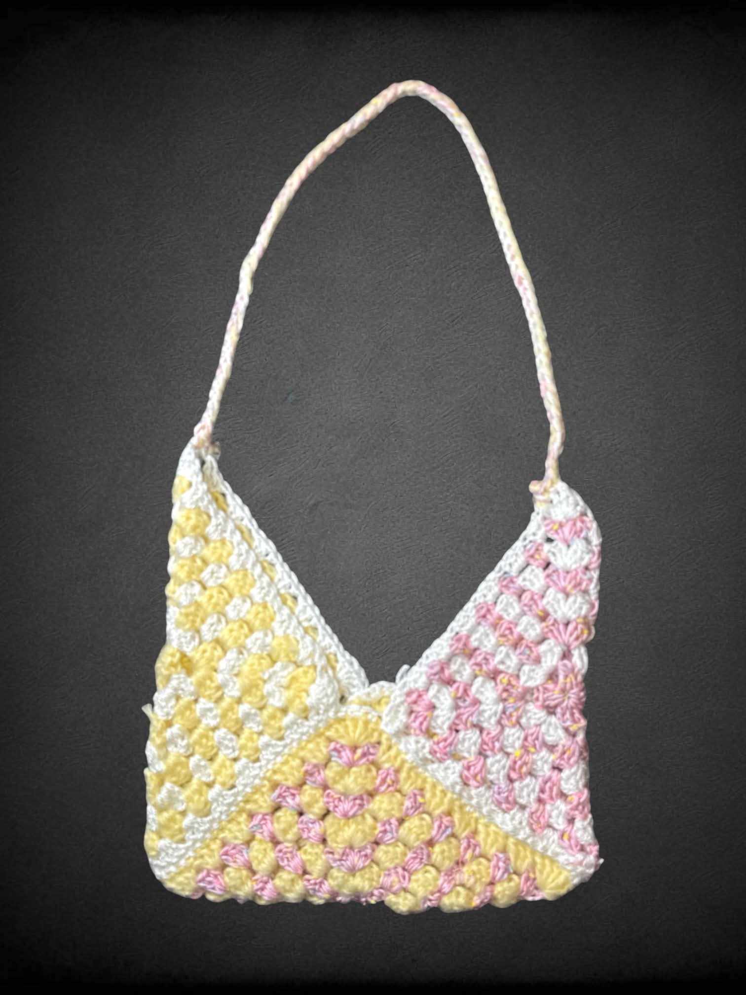 Pink, white & yellow hand-made crochet shoulder bag