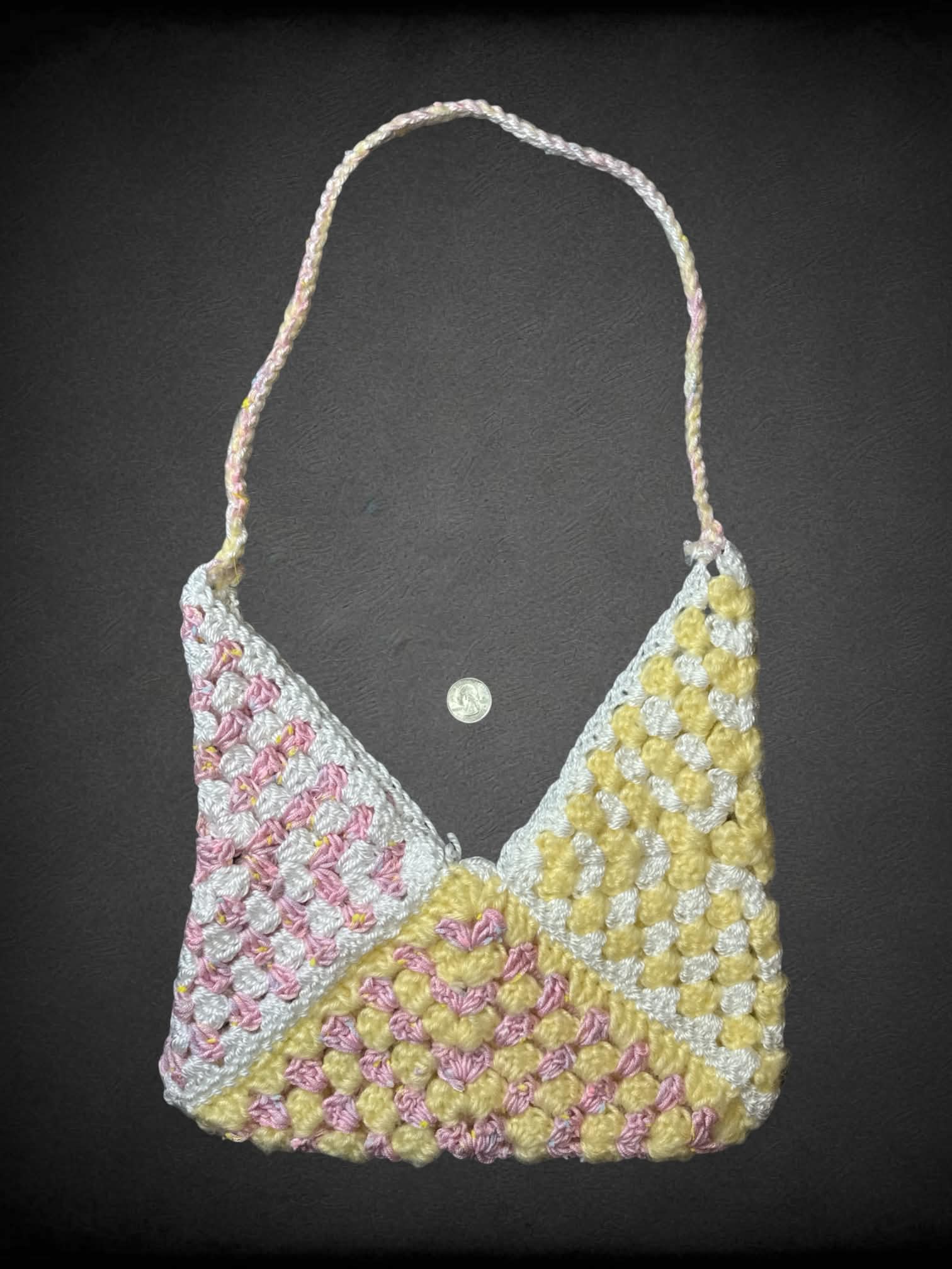 Pink, white & yellow hand-made crochet shoulder bag
