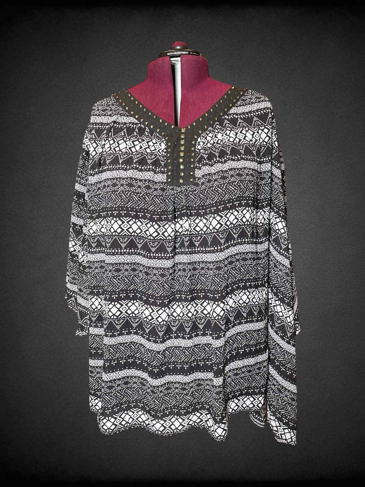 8X Woman Within black & white flowy sheer blouse with beaded detailing on neckline, and Aztec patterns