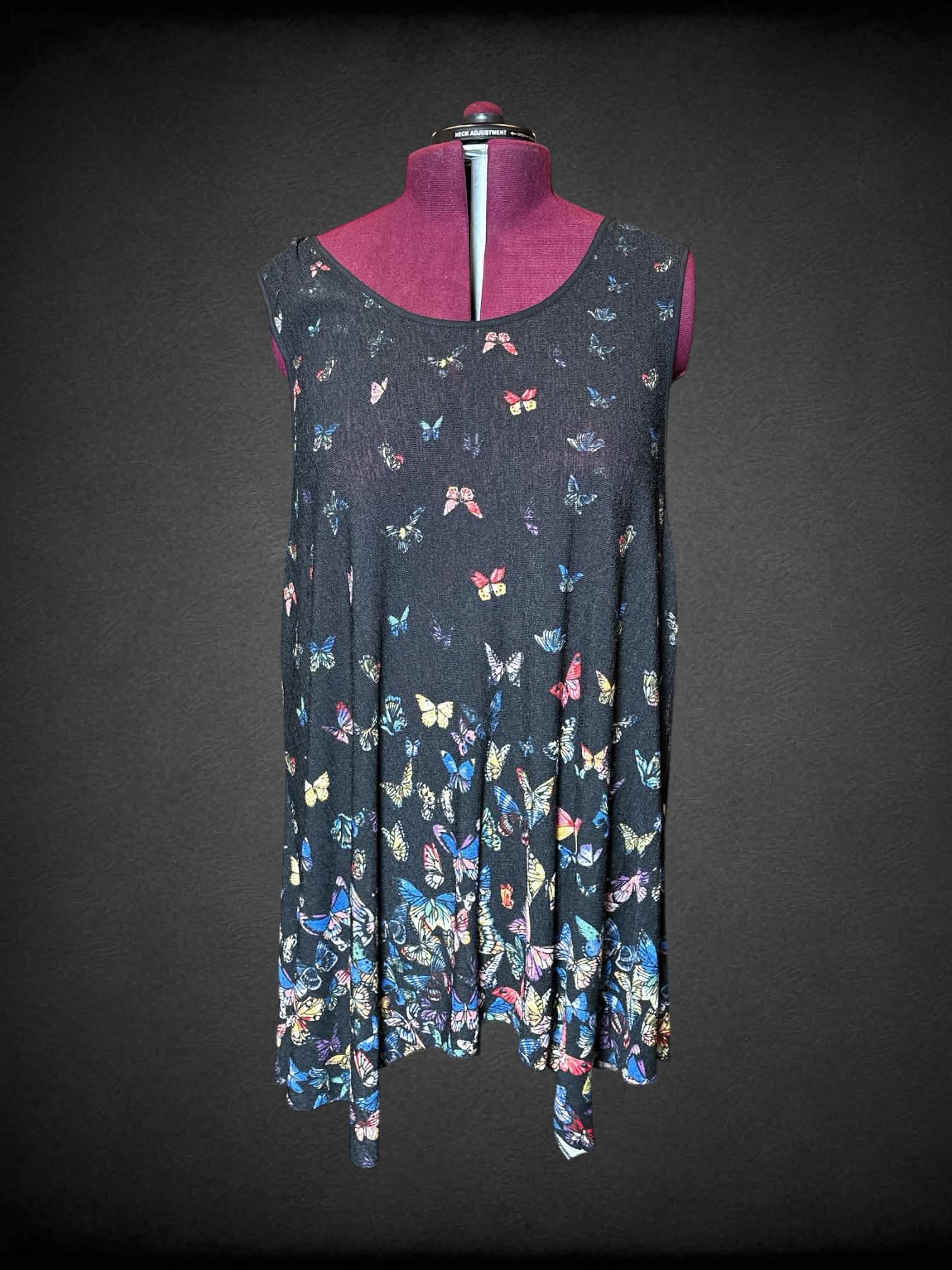7X Serengeti black semi-sheer knit dress with colorful butterfly design
