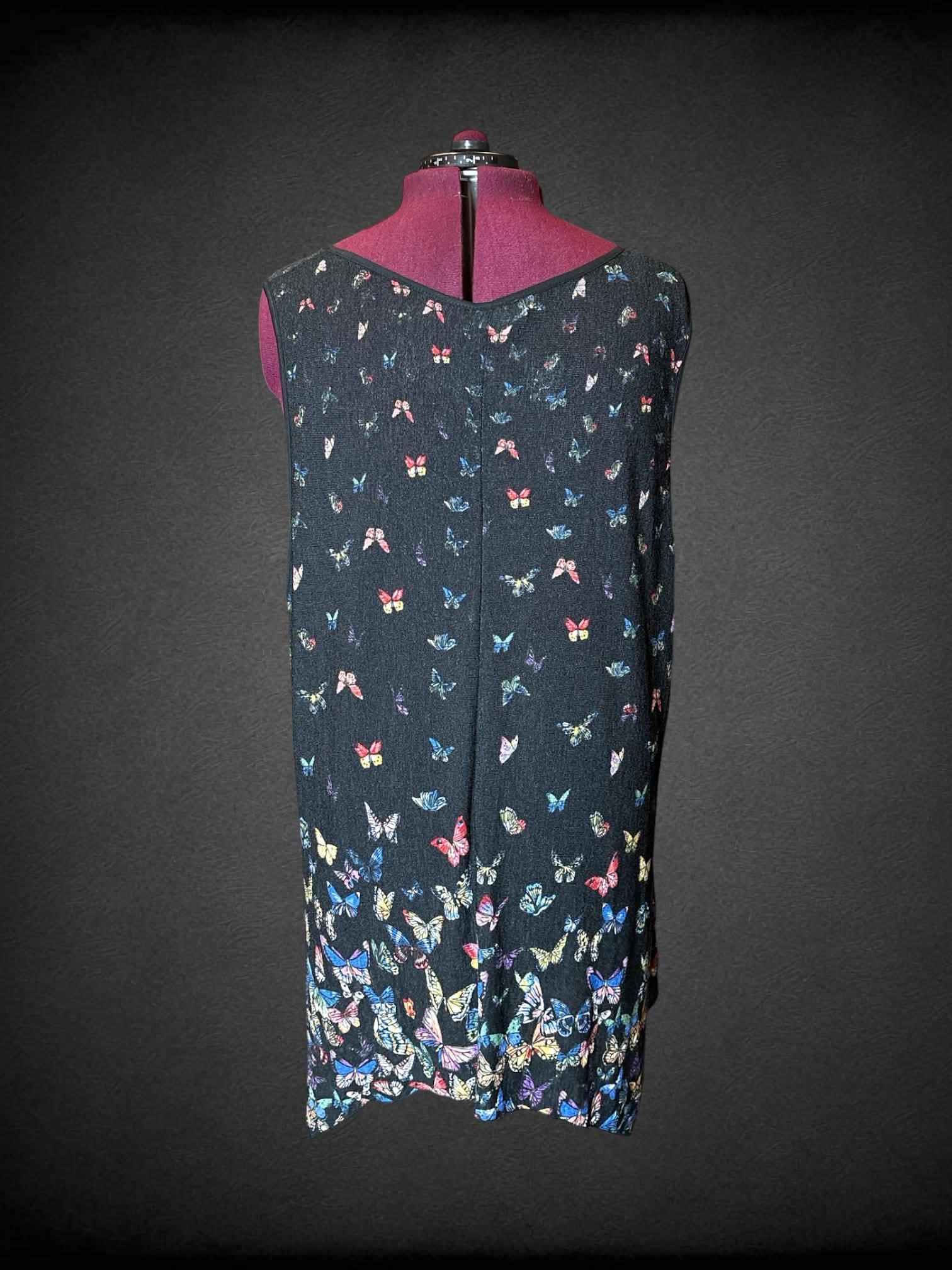 7X Serengeti black semi-sheer knit dress with colorful butterfly design