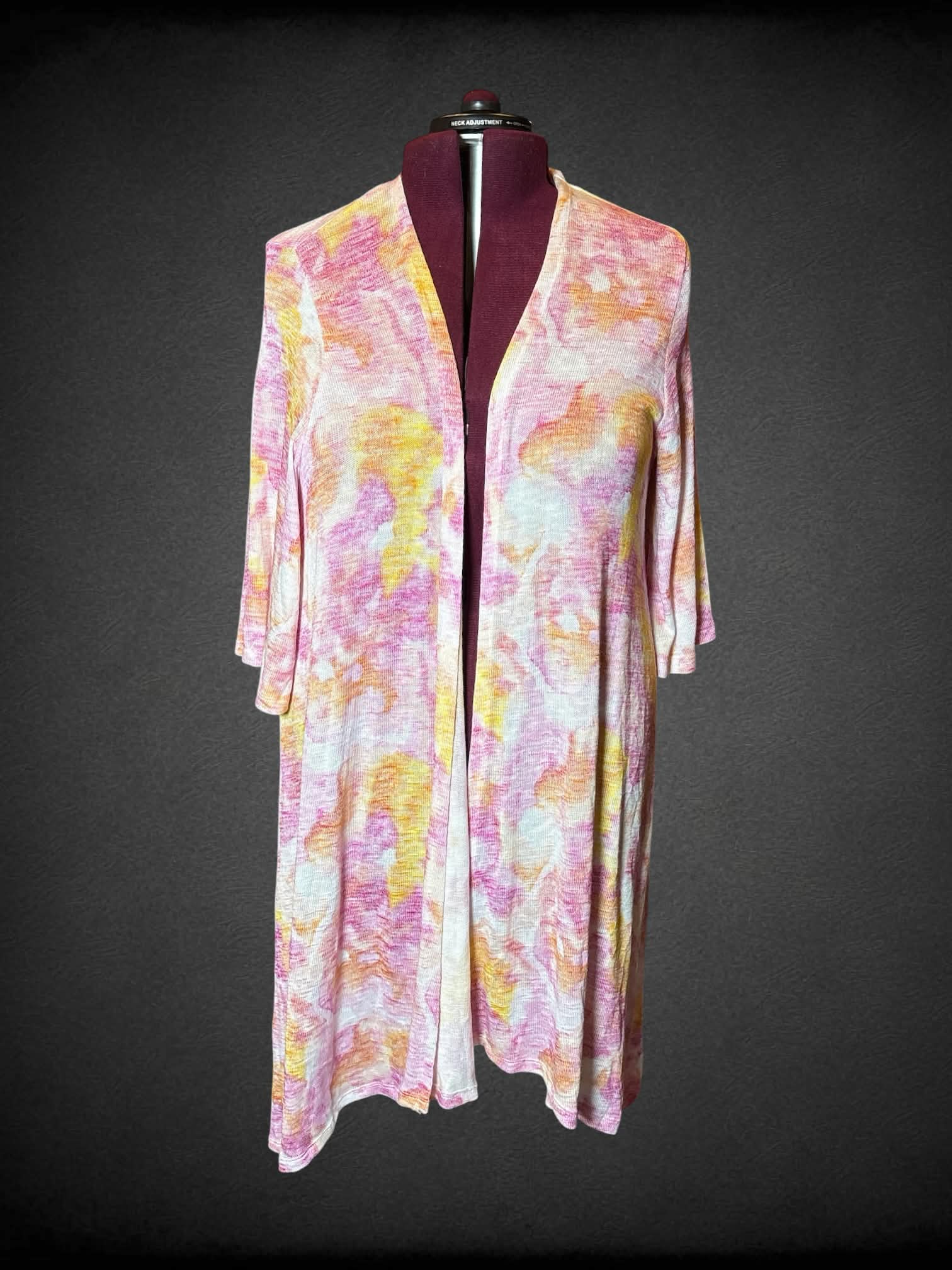 5X Torrid white knit long cardigan with pink & yellow design