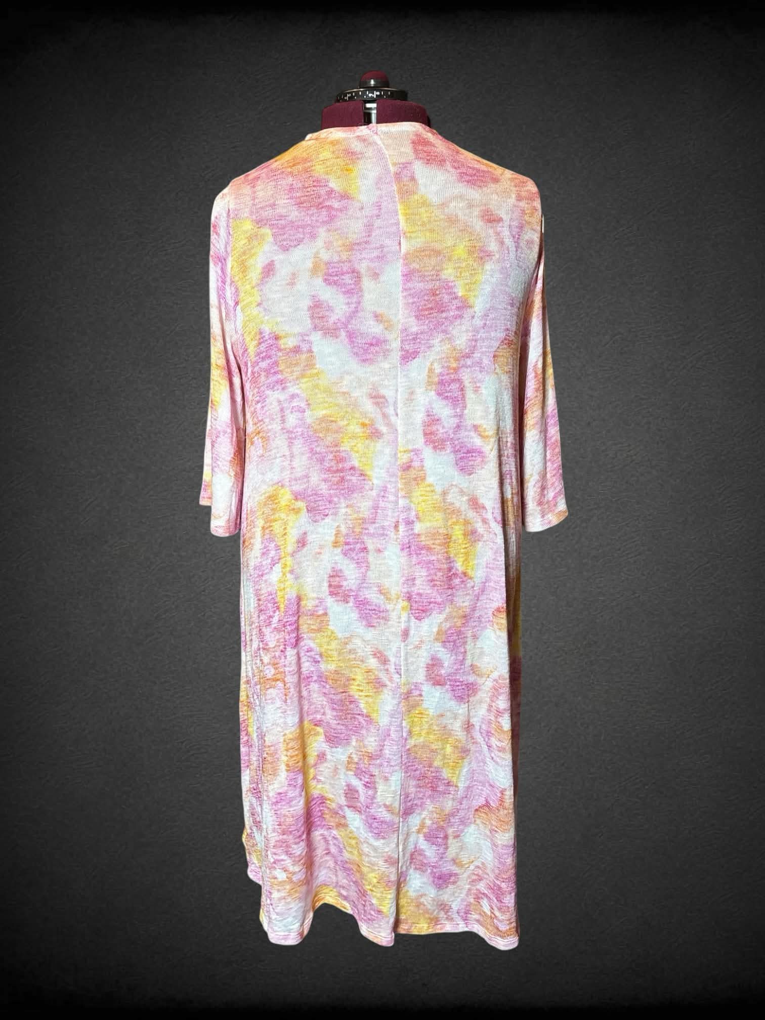 5X Torrid white knit long cardigan with pink & yellow design