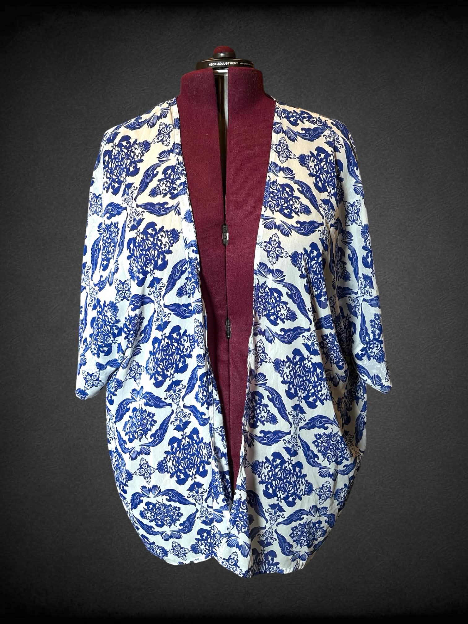 3X white sheer flowy cardigan with blue porcelain-style pattern