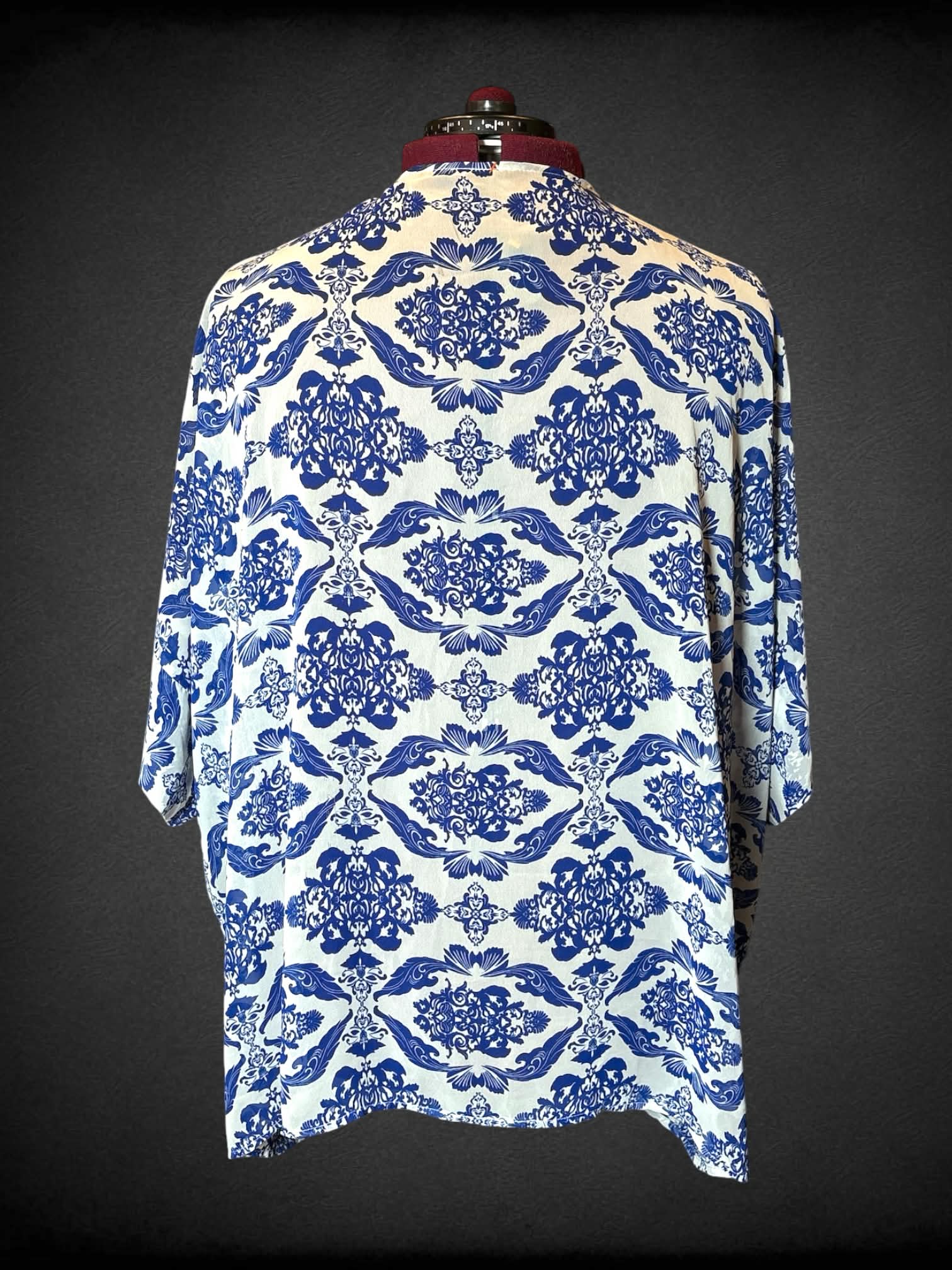 3X white sheer flowy cardigan with blue porcelain-style pattern