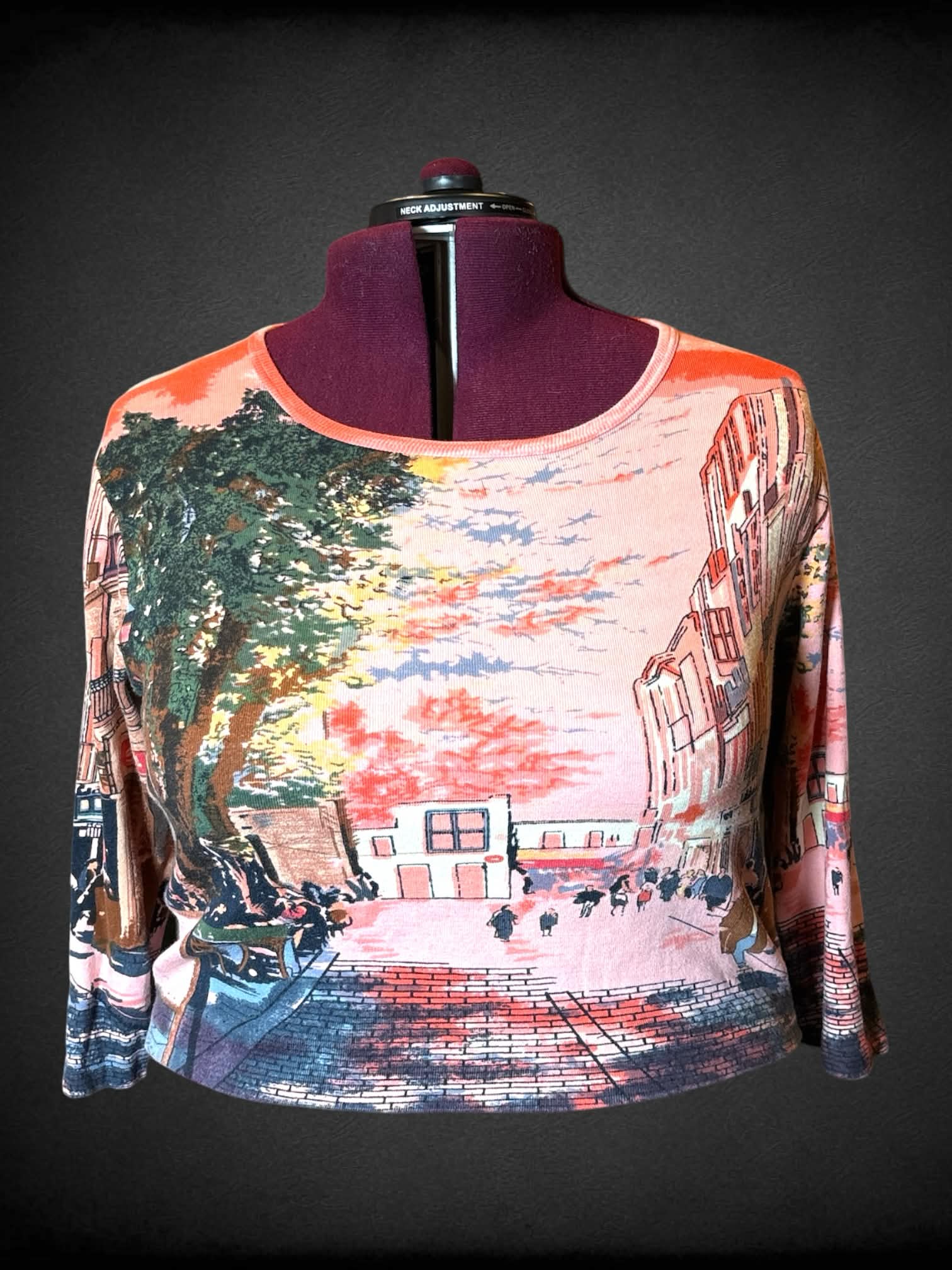3X Take Two Clothing Co. vintage pink three-quarter sleeve cropped sweater top with painted downtown design