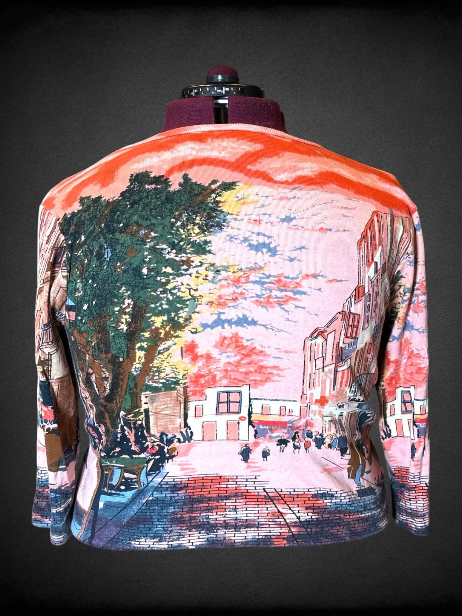 3X Take Two Clothing Co. vintage pink three-quarter sleeve cropped sweater top with painted downtown design