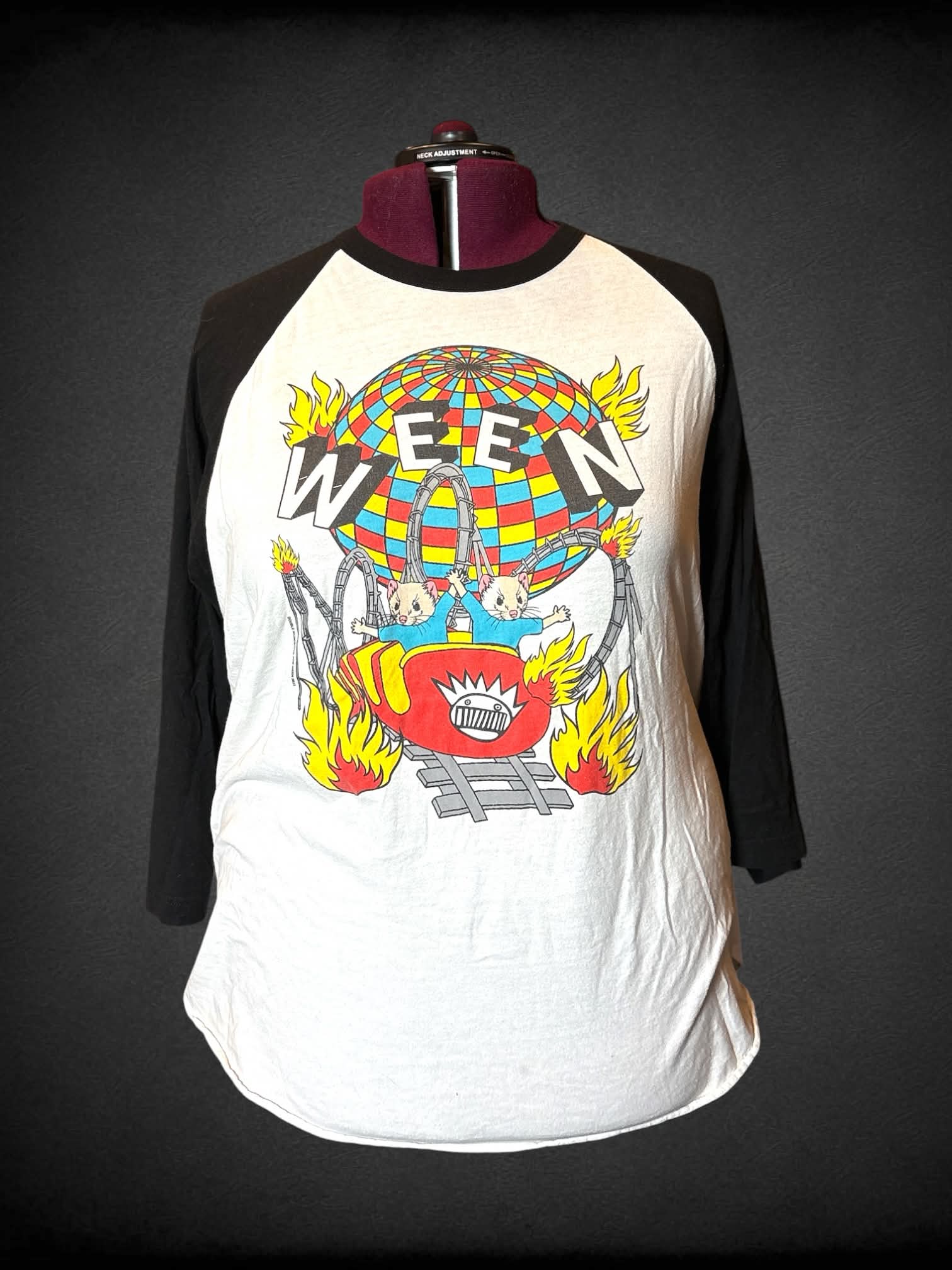 3X Ween white raglan t shirt with “Ween” ferrets on rollercoaster graphic on front, and 2023 tour dates on back