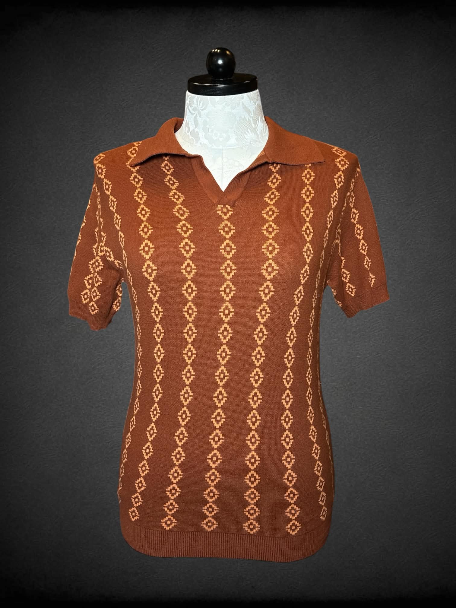 1X OxKnit brown knit polo shirt with orange Aztec pattern