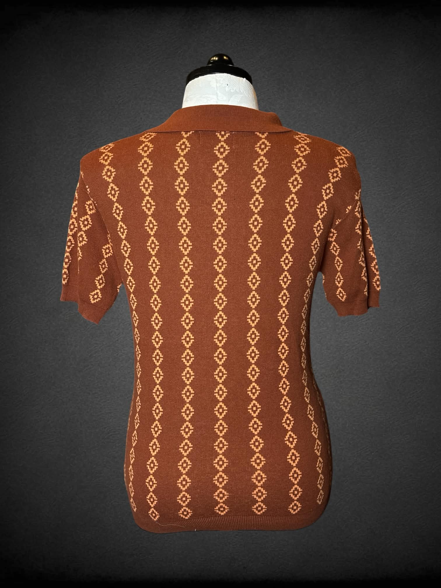 1X OxKnit brown knit polo shirt with orange Aztec pattern