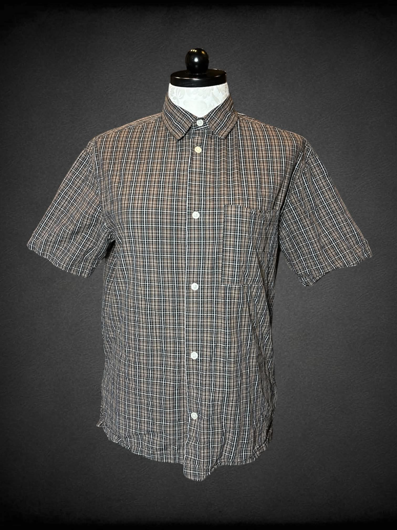 1X H&M brown plaid button-up shirt with pocket on front