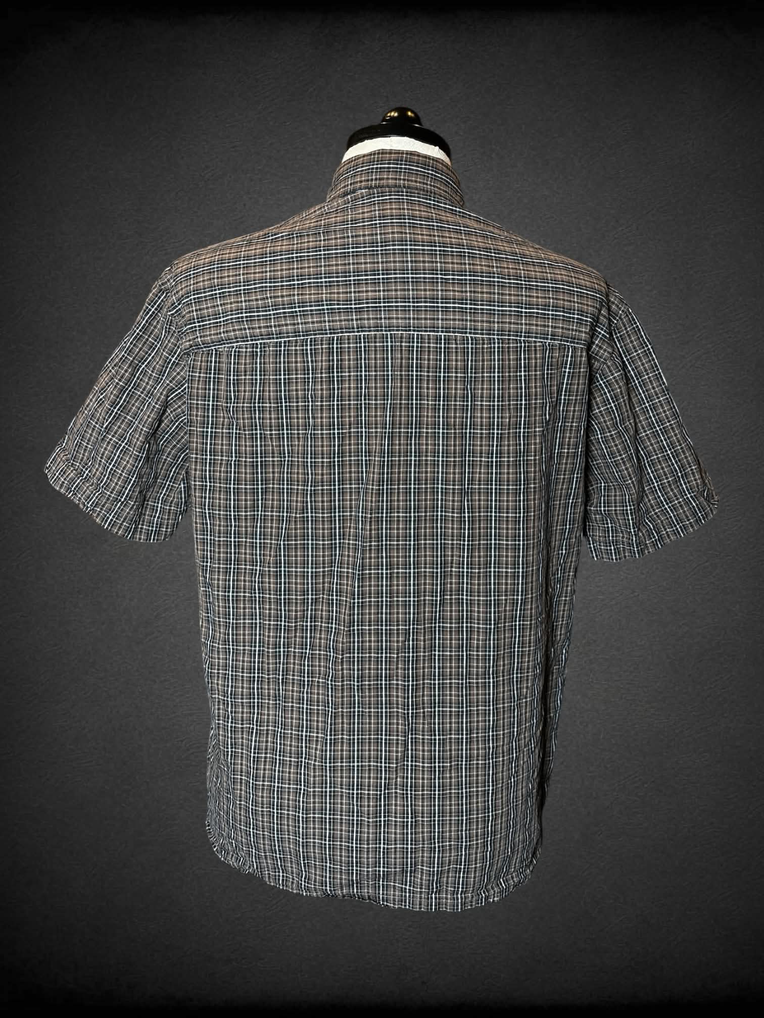 1X H&M brown plaid button-up shirt with pocket on front