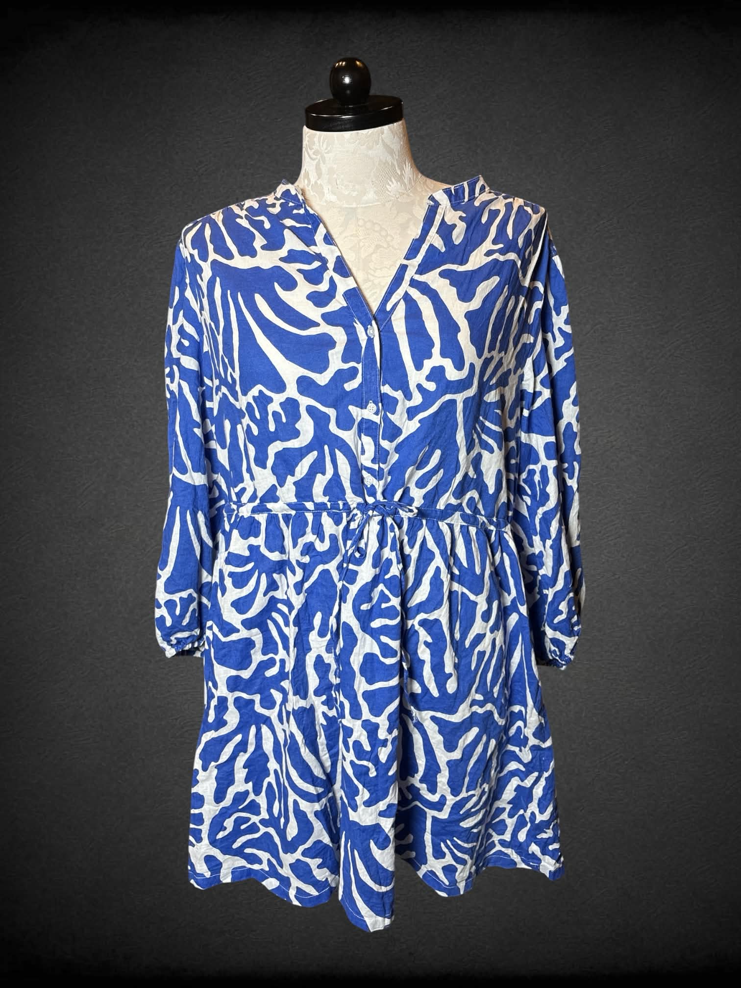 1X H&M blue & white sun dress with buttons on front, and tie on waist