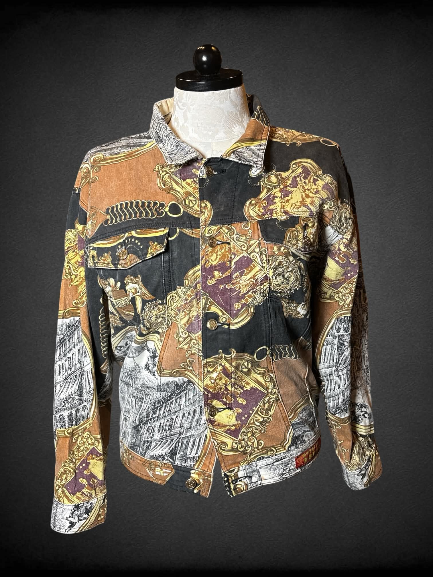 1X Gurilla Biscuit vintage rare brown denim jacket, with black, white and gold architectural design