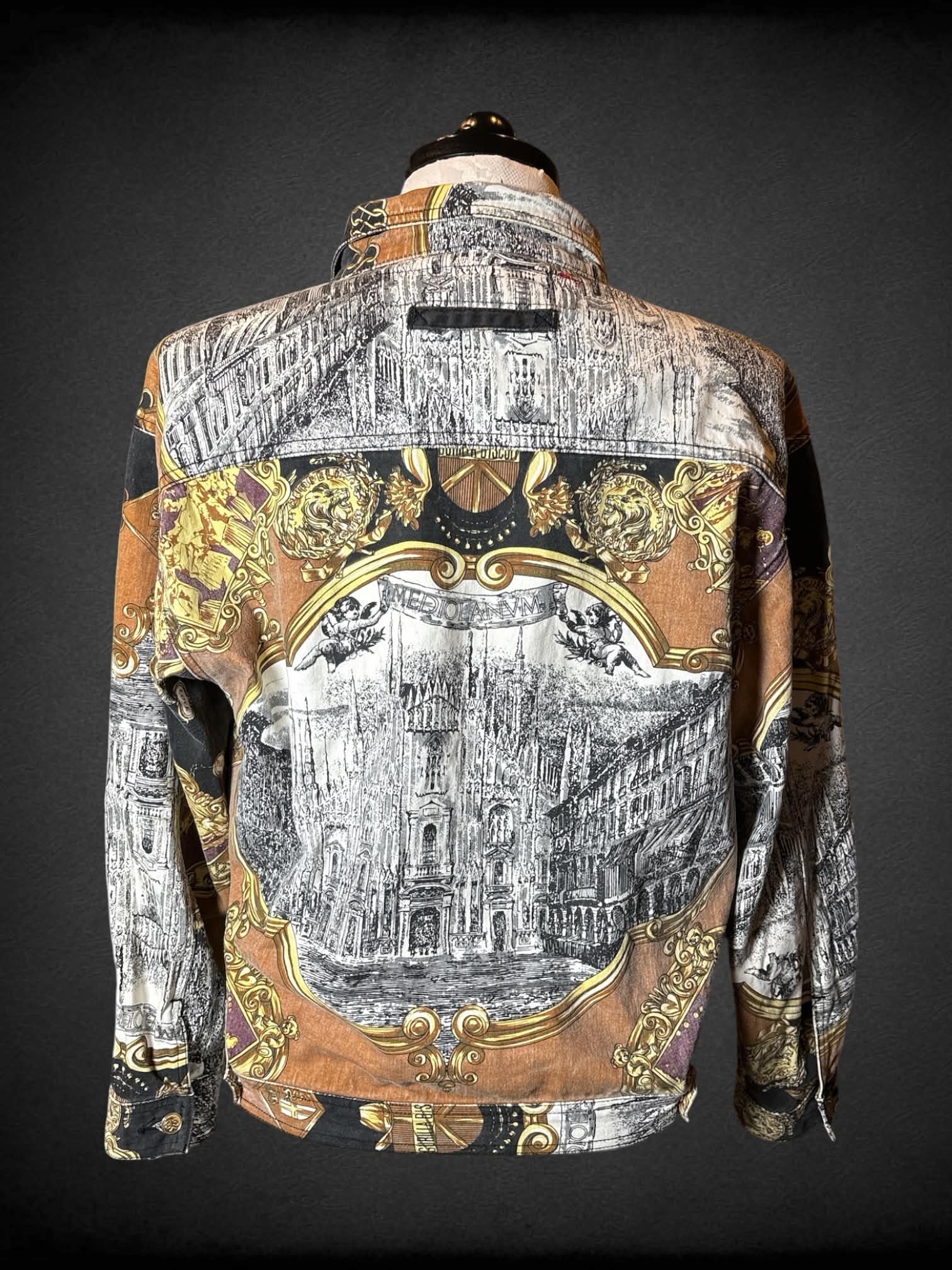 1X Gurilla Biscuit vintage rare brown denim jacket, with black, white and gold architectural design