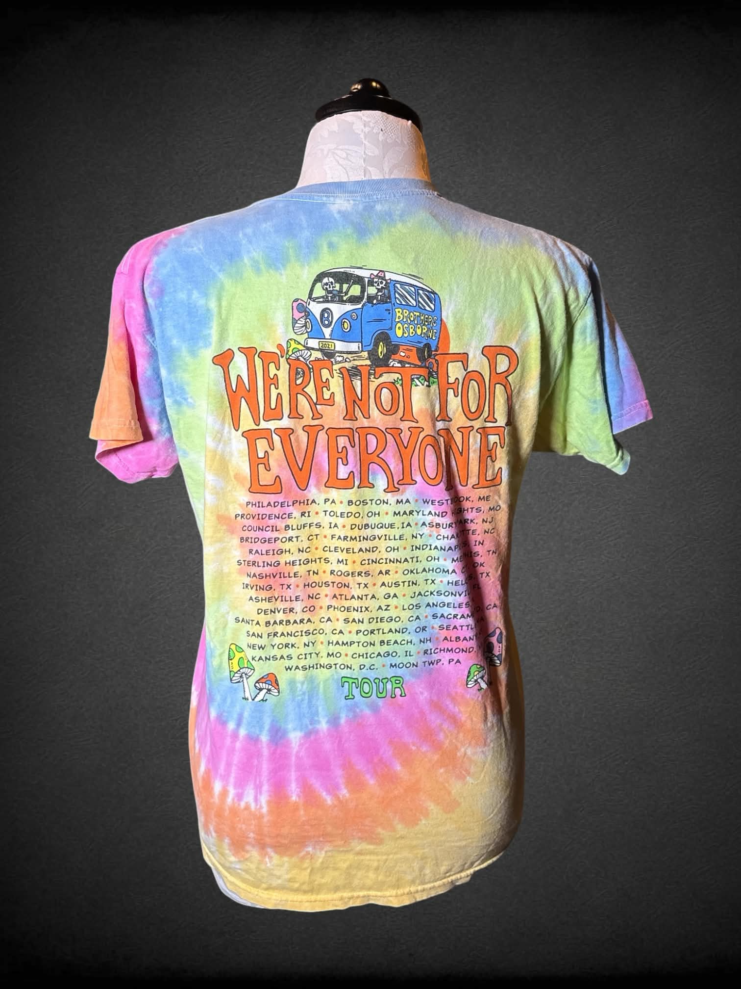1X Colortone rainbow tie-dye t shirt with Brothers Osborne “We’re Not For Everyone Tour” graphic on front and back