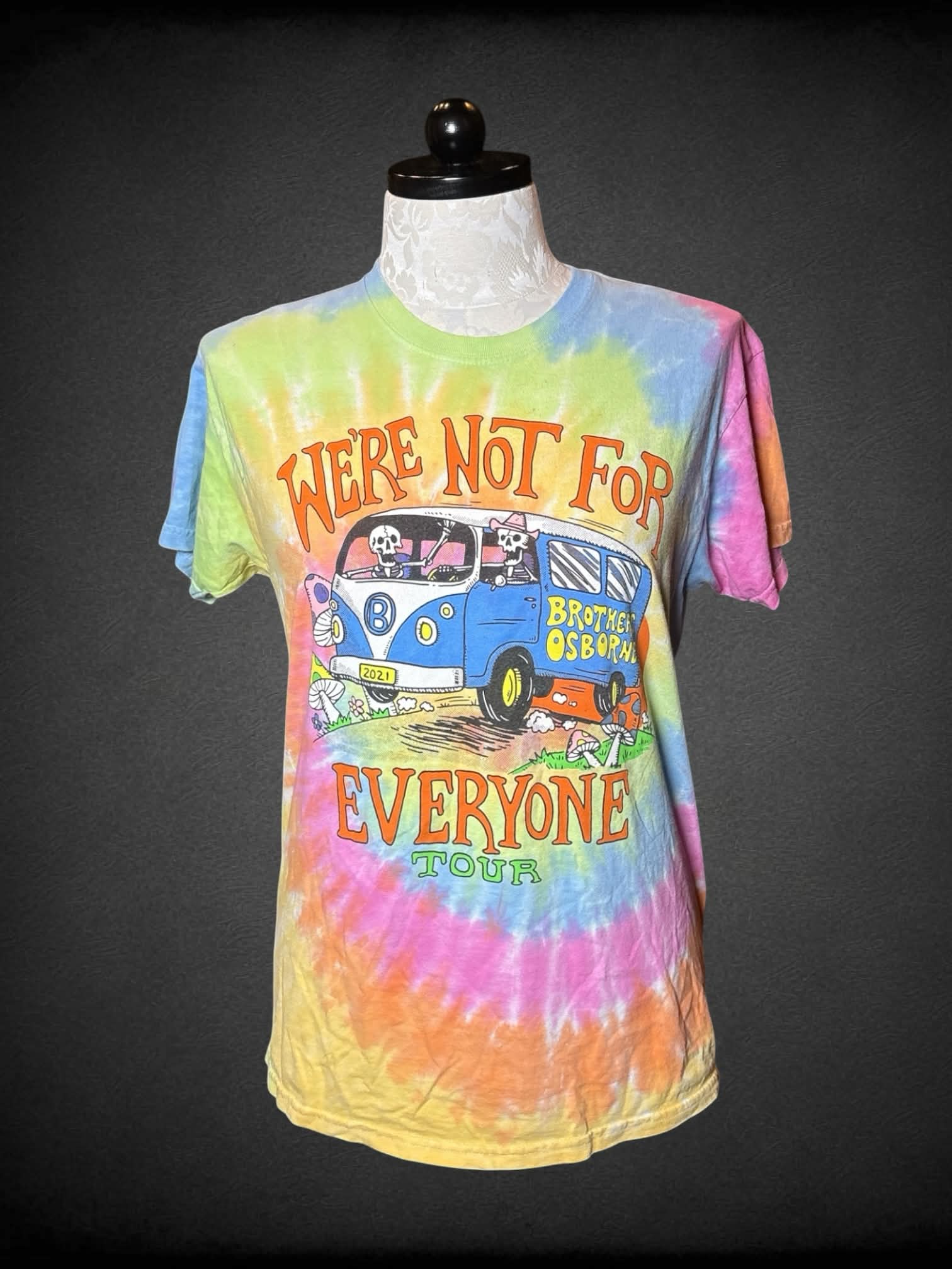 1X Colortone rainbow tie-dye t shirt with Brothers Osborne “We’re Not For Everyone Tour” graphic on front and back