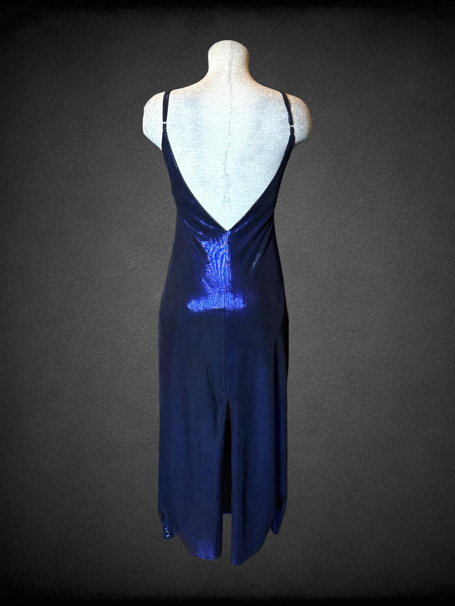 L Runaway iridescent indigo dress with adjustable straps, and slit in skirt