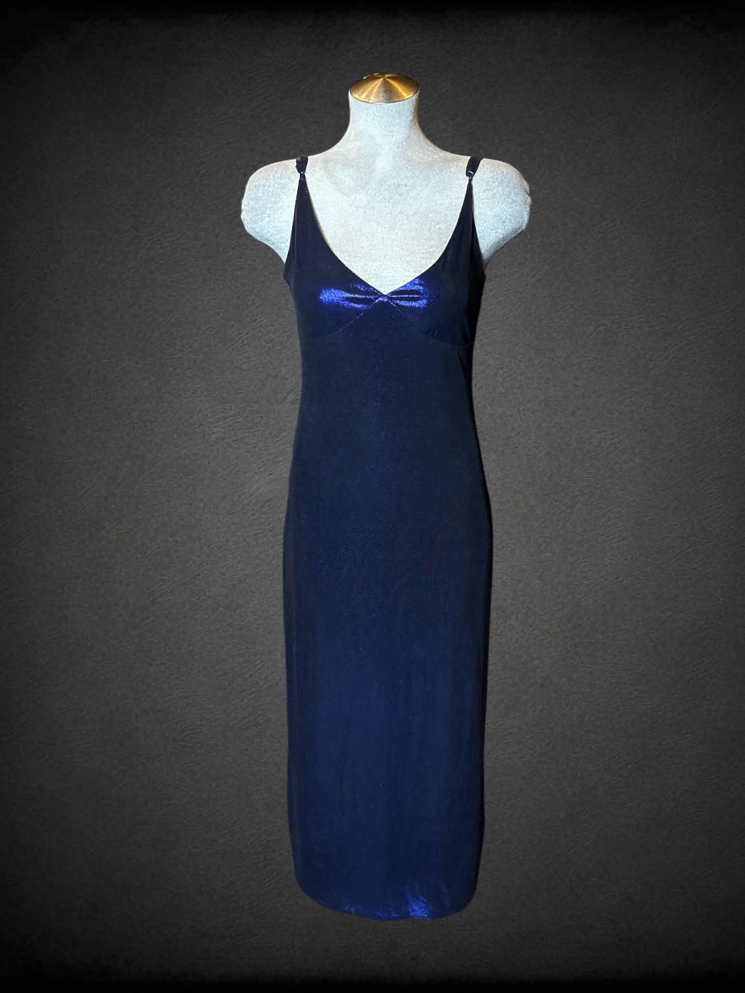 L Runaway iridescent indigo dress with adjustable straps, and slit in skirt
