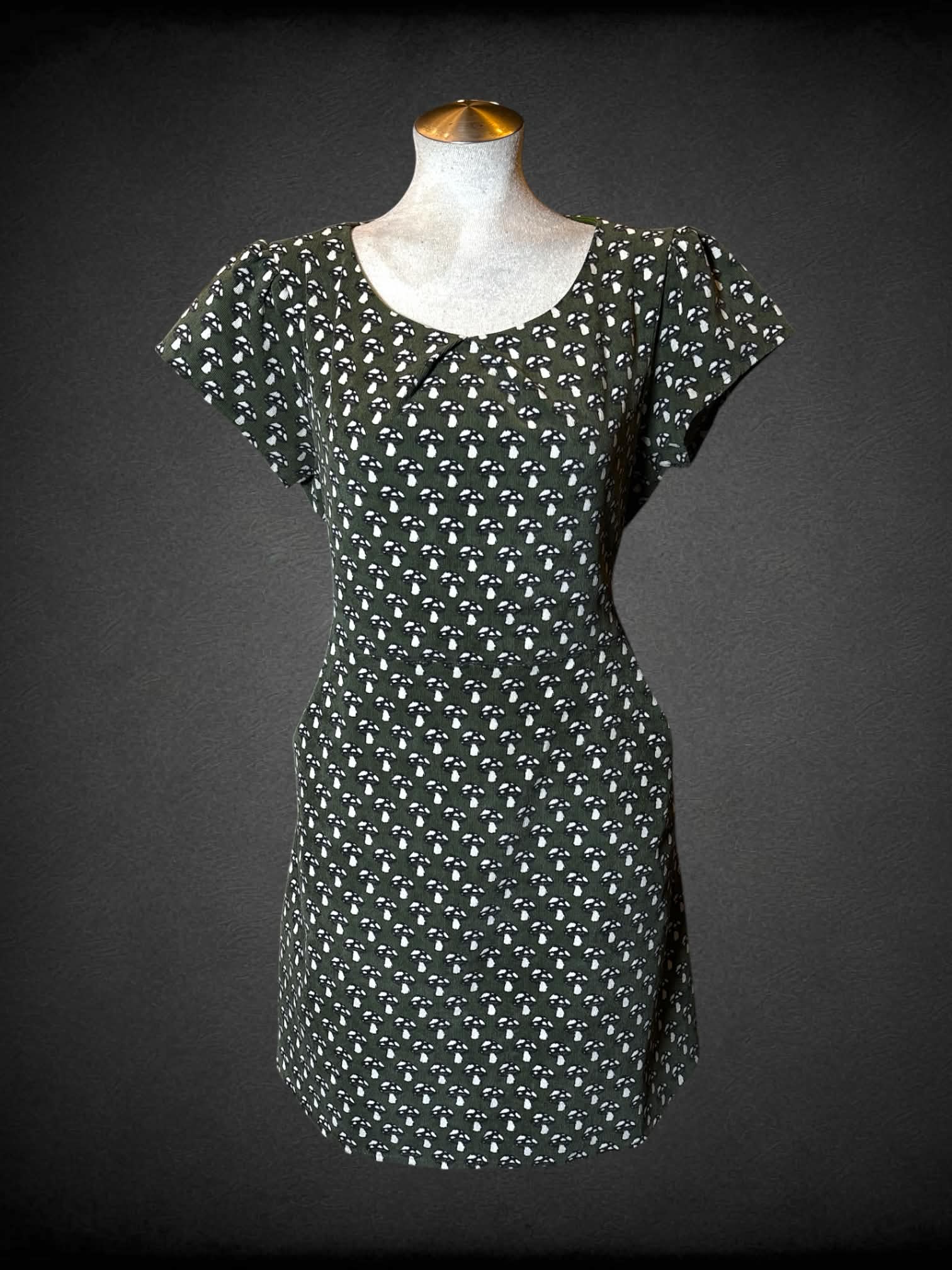 L SM Wardrobe green corduroy short dress with mushroom pattern, pockets, and tie around waist