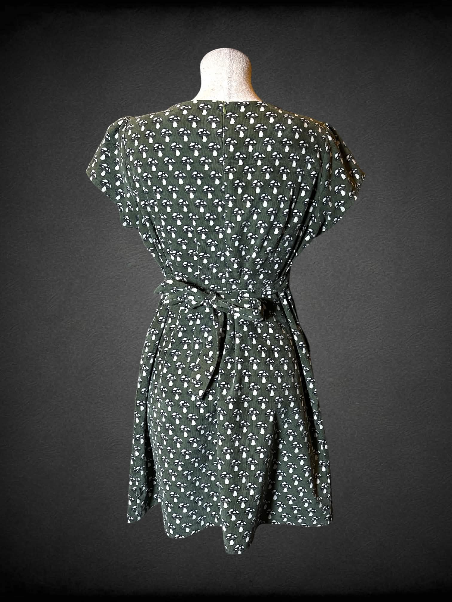L SM Wardrobe green corduroy short dress with mushroom pattern, pockets, and tie around waist