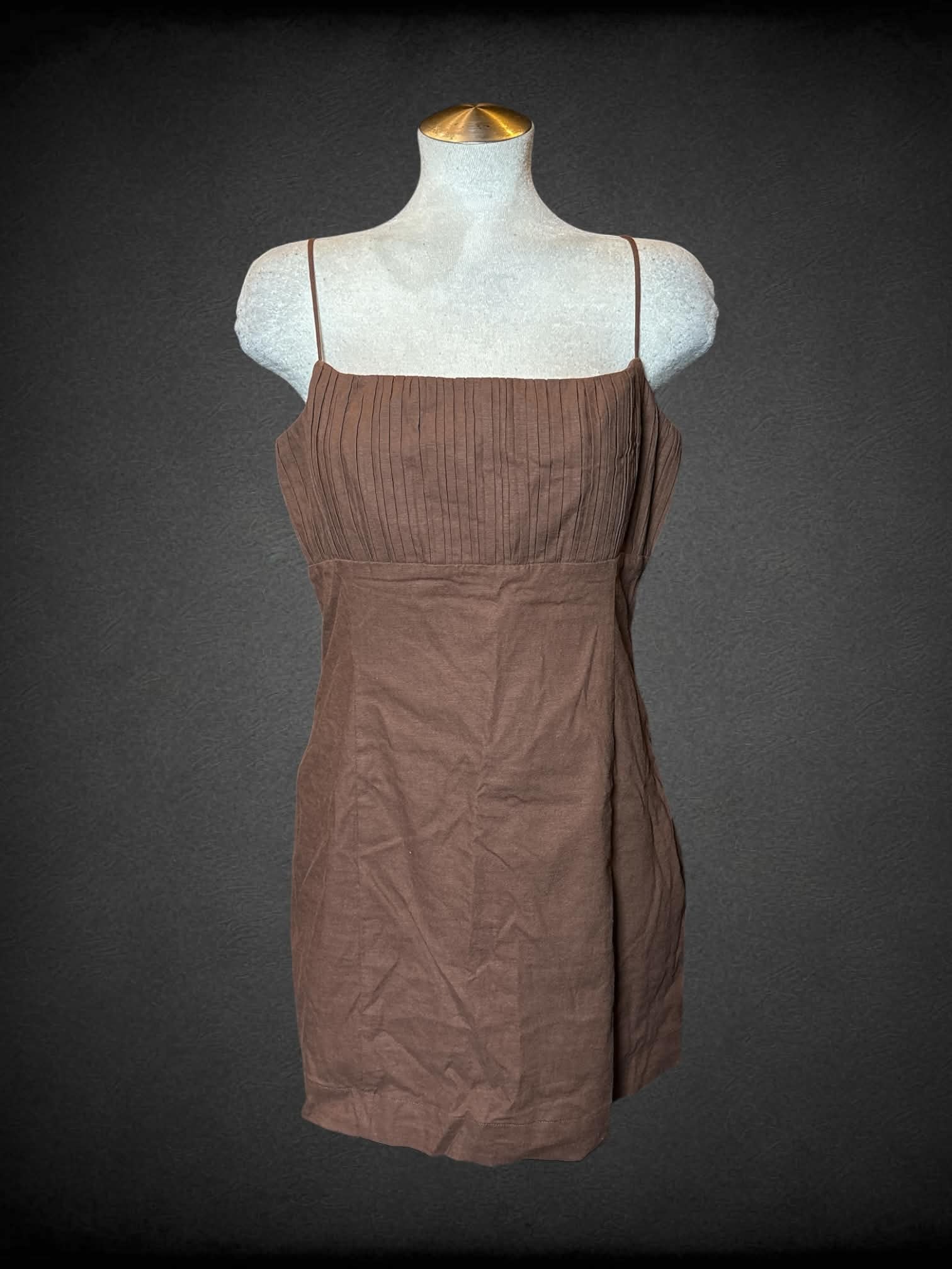L Maeve NWT designer brown short dress with pleated design on front, adjustable straps, and zipper on side