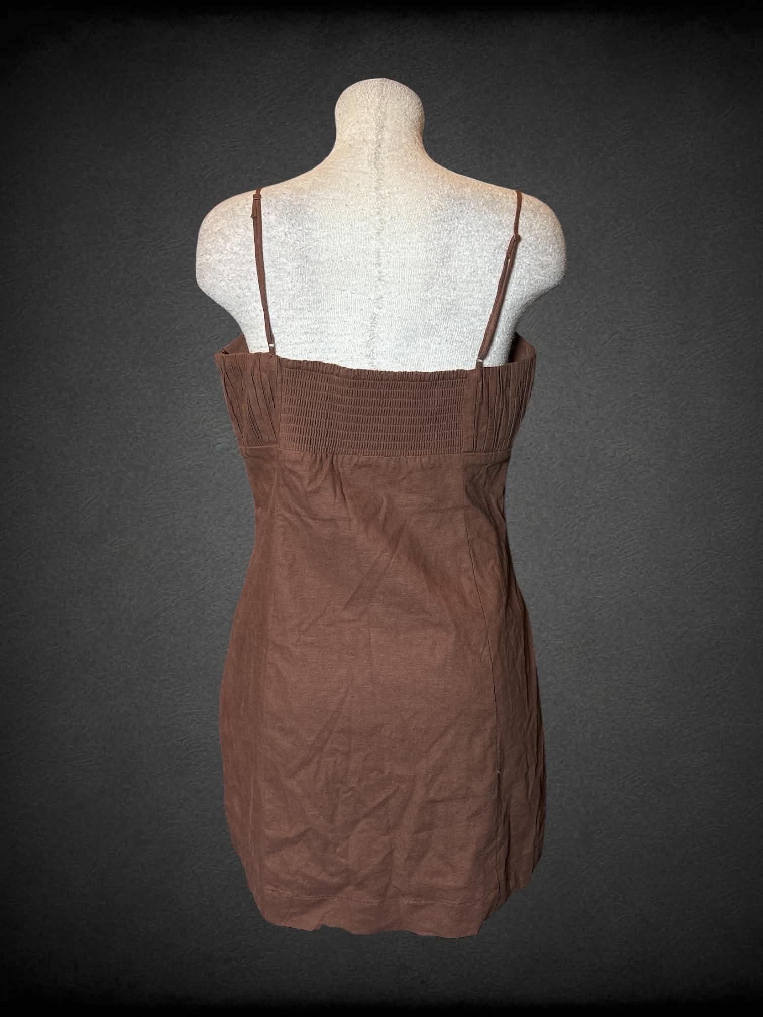 L Maeve NWT designer brown short dress with pleated design on front, adjustable straps, and zipper on side