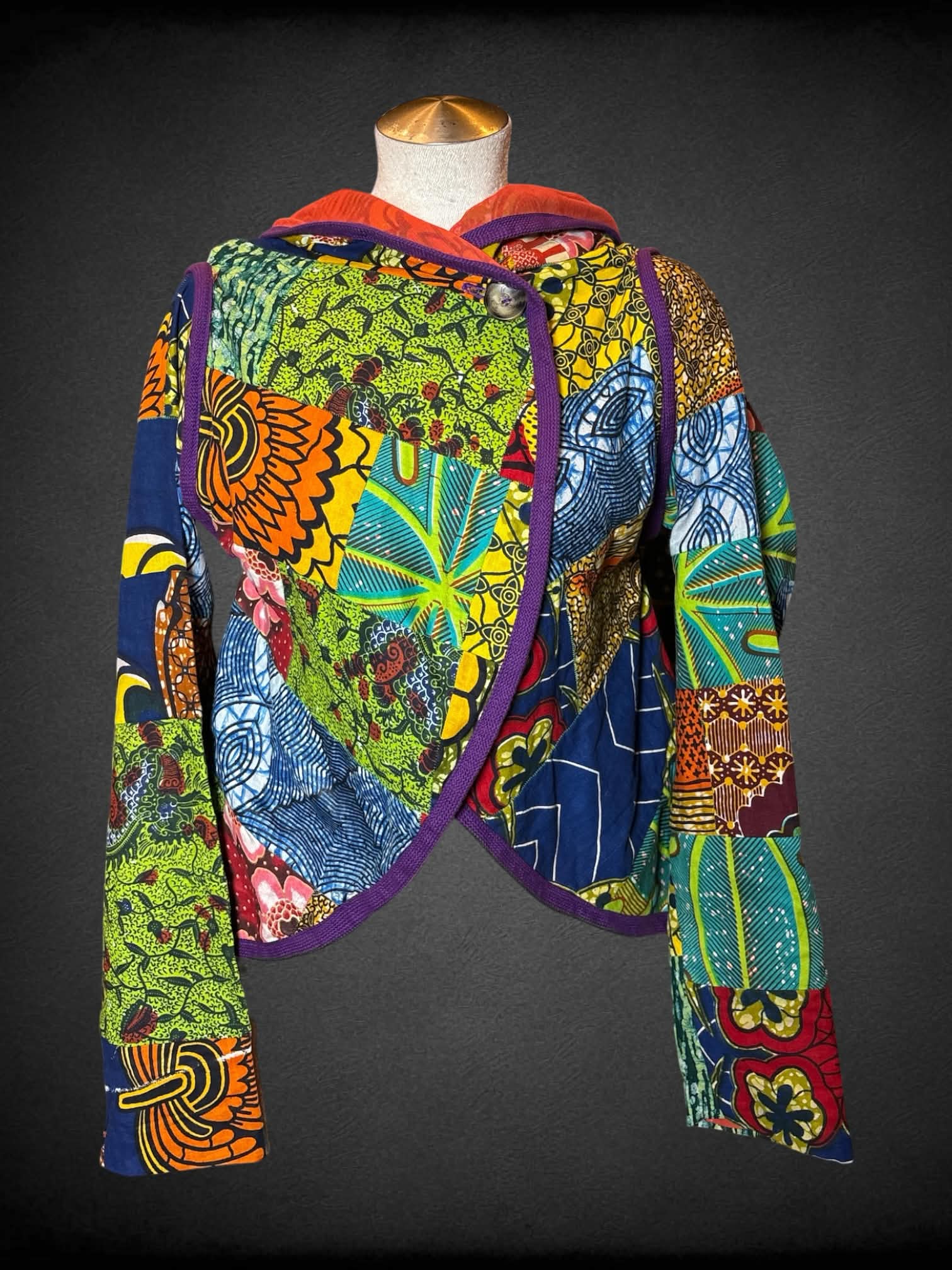 L homemade colorful quilt jacket with button on front