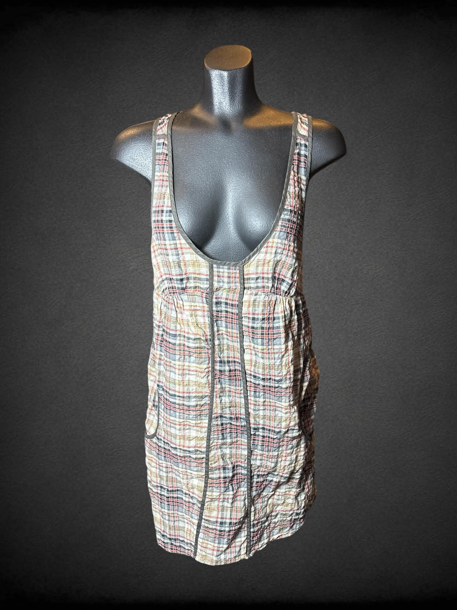 S brown plaid coverall short dress with pockets