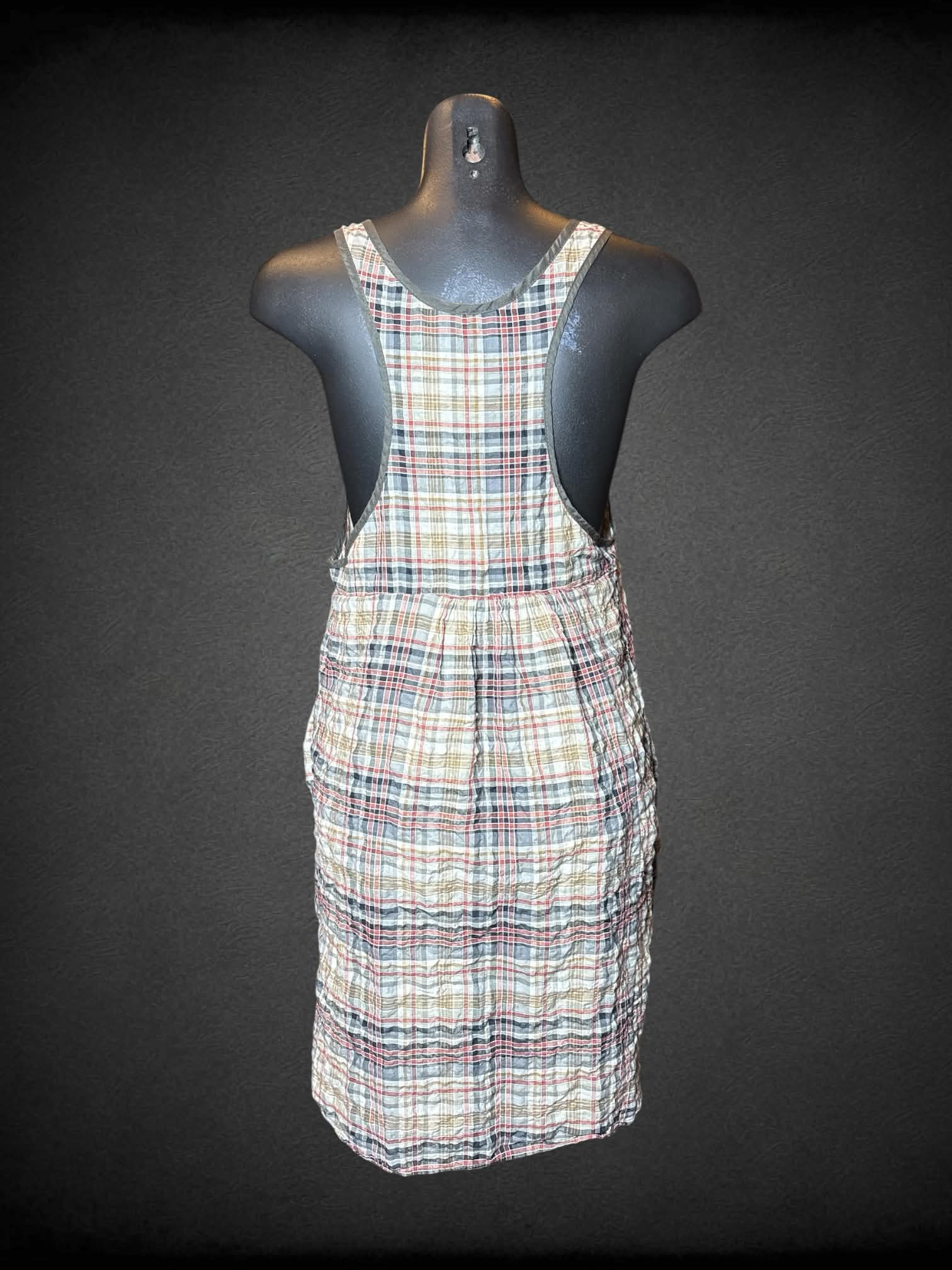S brown plaid coverall short dress with pockets