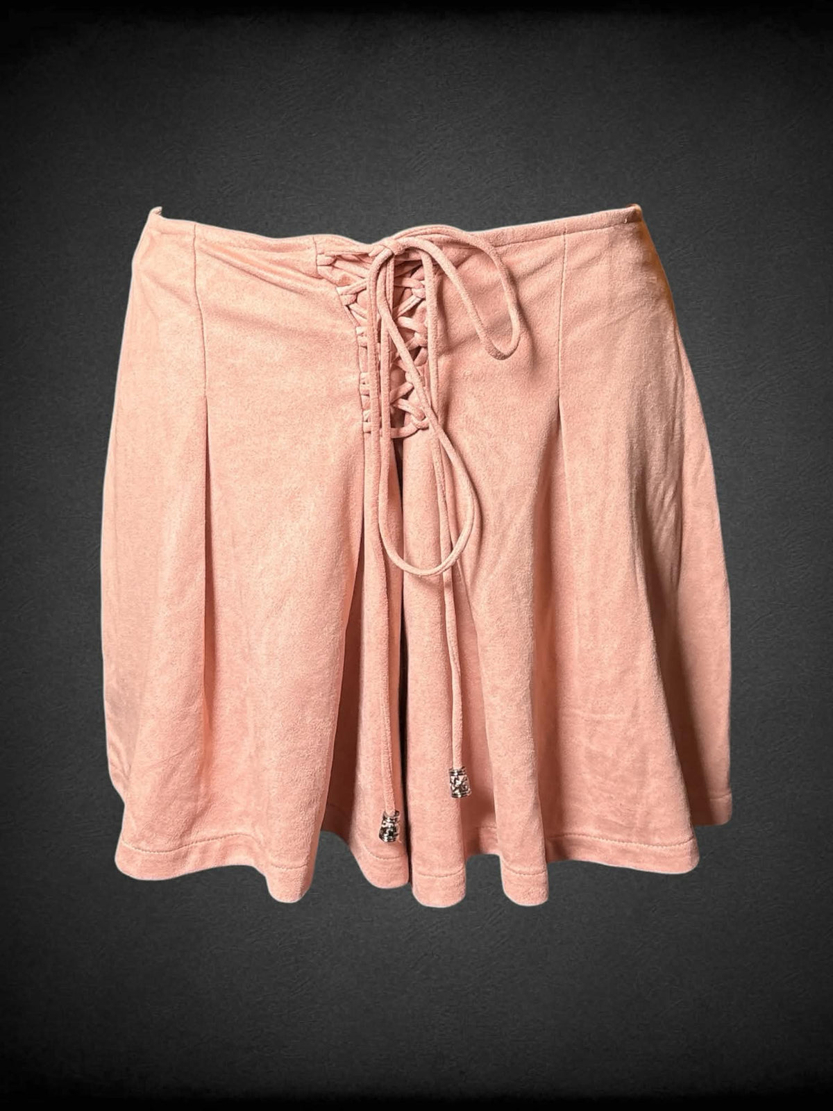 S She Sky peach velvet-like shorts with lace up design on front, and zipper on back