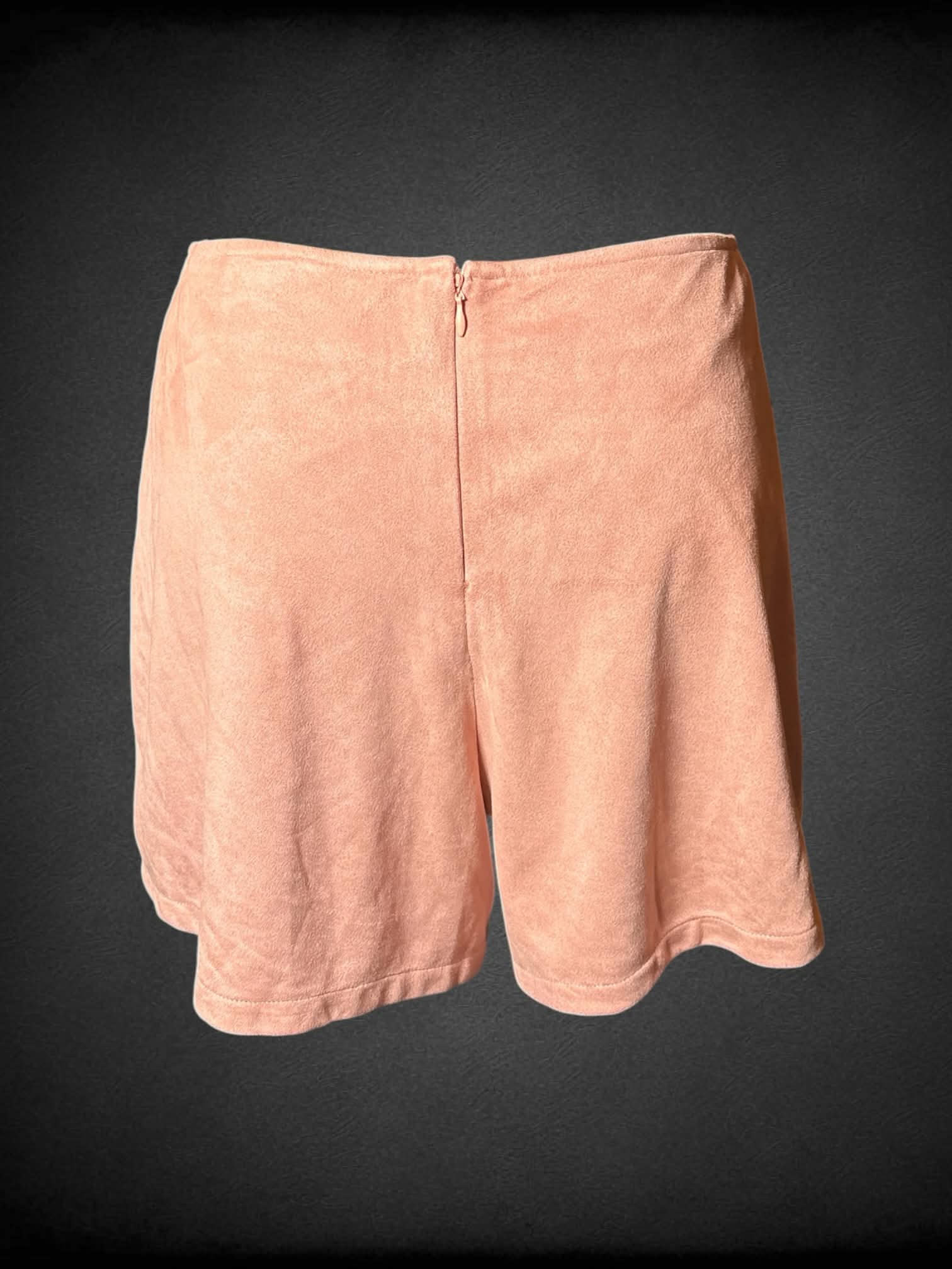 S She Sky peach velvet-like shorts with lace up design on front, and zipper on back