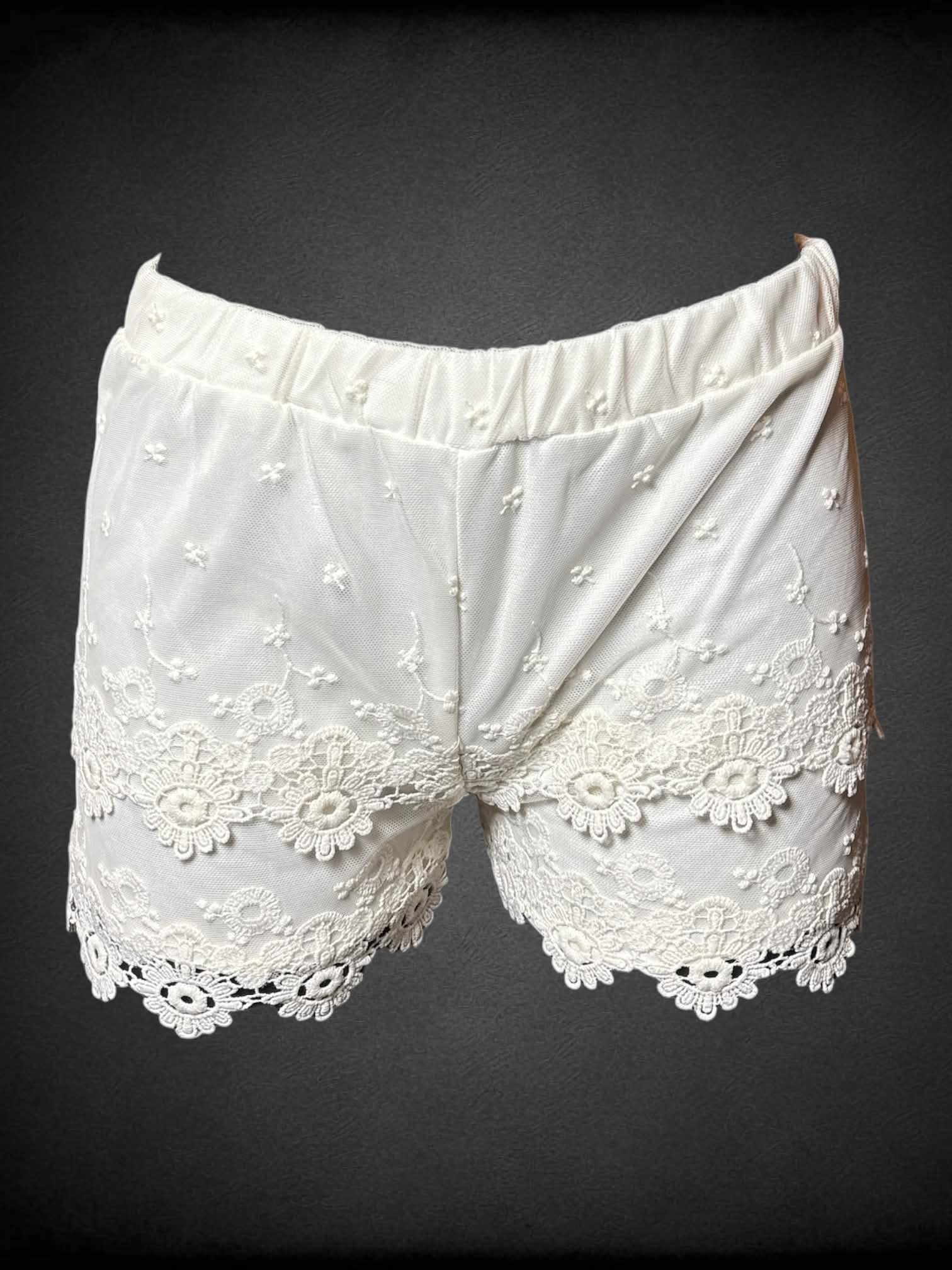 S Mayoral Girl white sheer shorts with embroidered mesh hemline, and stretch waist