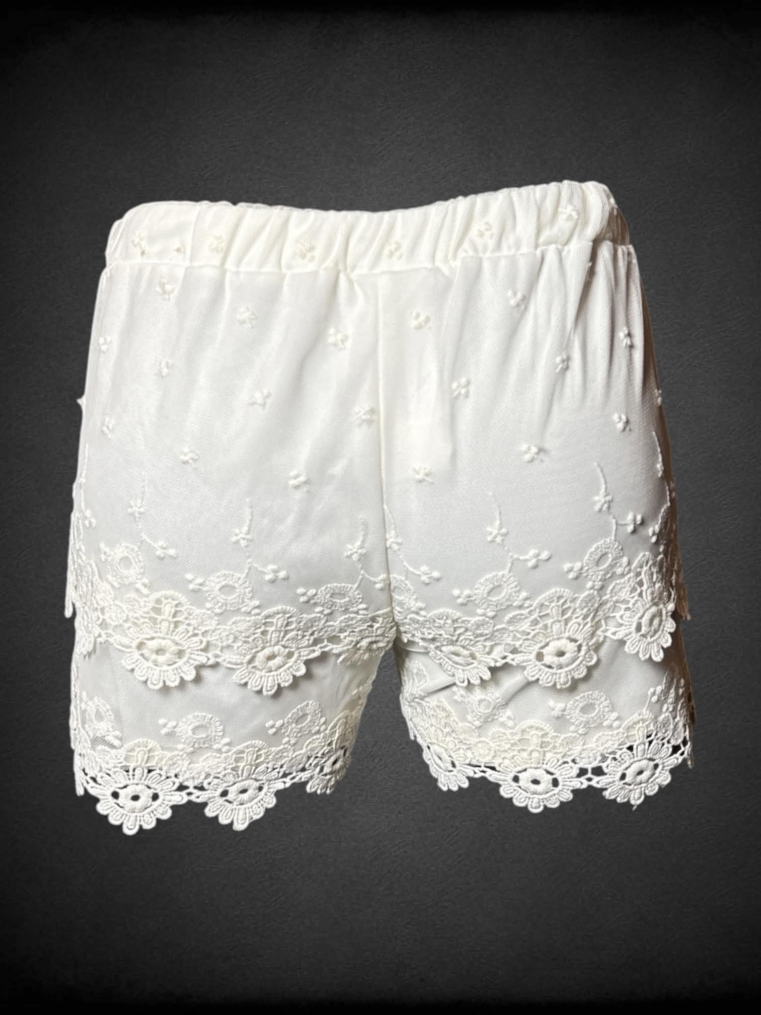 S Mayoral Girl white sheer shorts with embroidered mesh hemline, and stretch waist