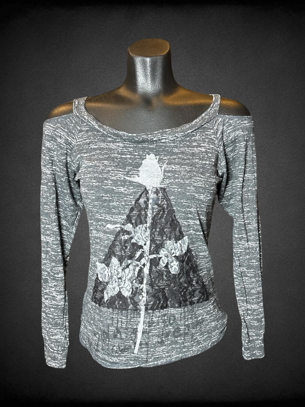 M Teenage Runaway heather grey off-the-shoulder long-sleeve top with black & white lace rose pattern on front