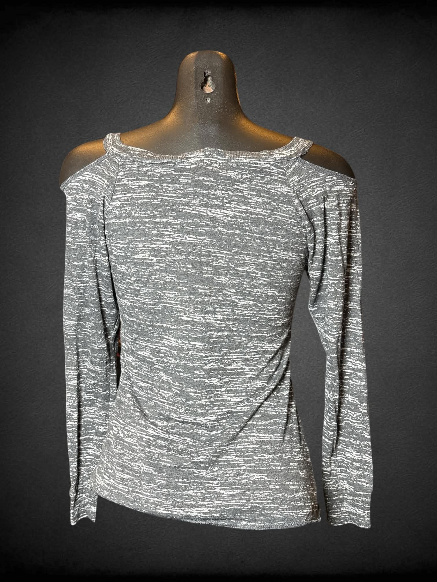 M Teenage Runaway heather grey off-the-shoulder long-sleeve top with black & white lace rose pattern on front