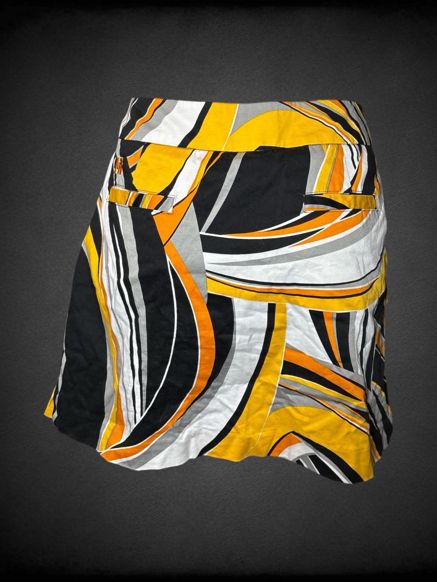 L LoudMouth black pencil skirt with abstract white & yellow pattern, zipper on side, and built-in shorts