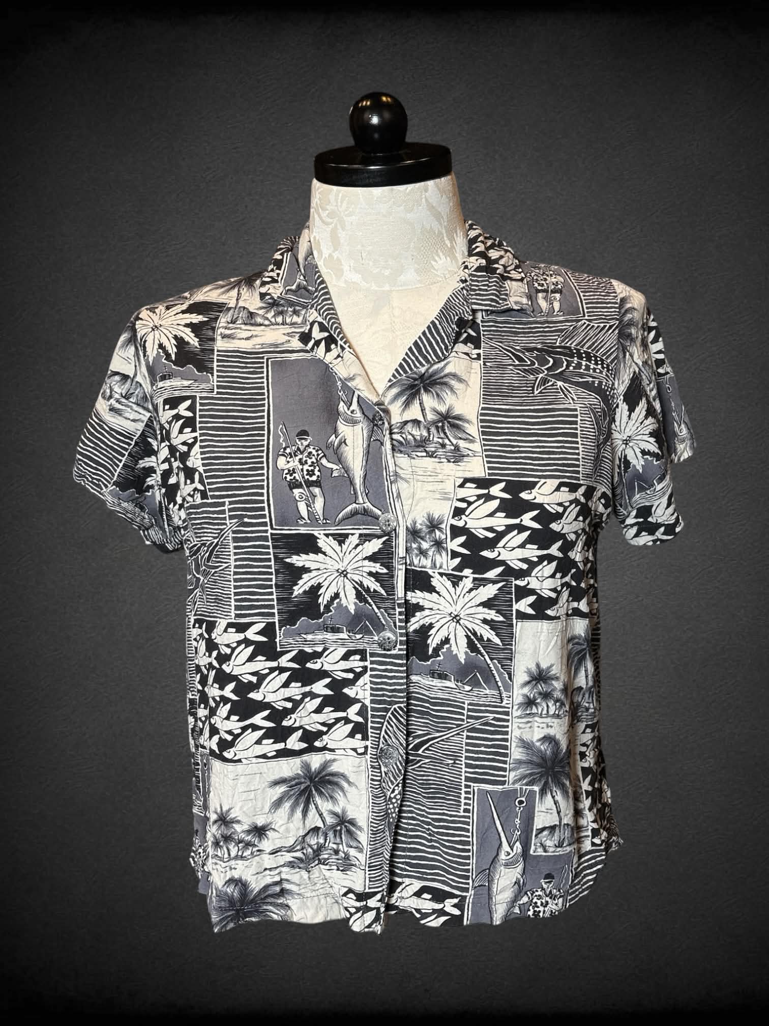 1X Jams World vintage grey button-up cropped shirt with tropical fishing patchwork-style design