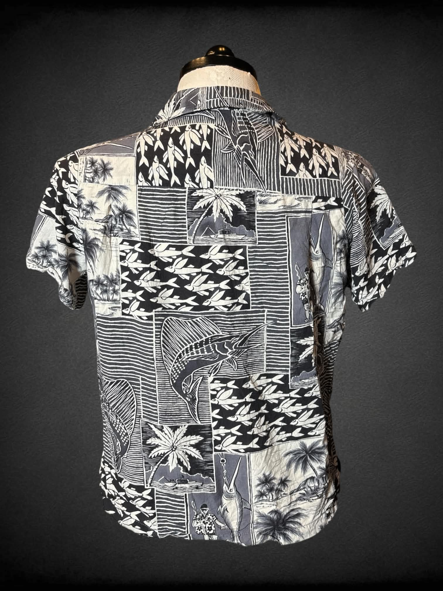 1X Jams World vintage grey button-up cropped shirt with tropical fishing patchwork-style design
