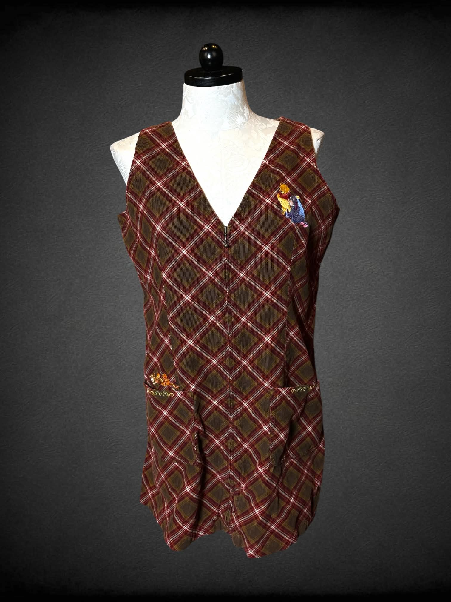 1X The Disney Store vintage brown & red plaid corduroy short dress with embroidered “Winnie The Pooh” characters, pockets, and zipper on front