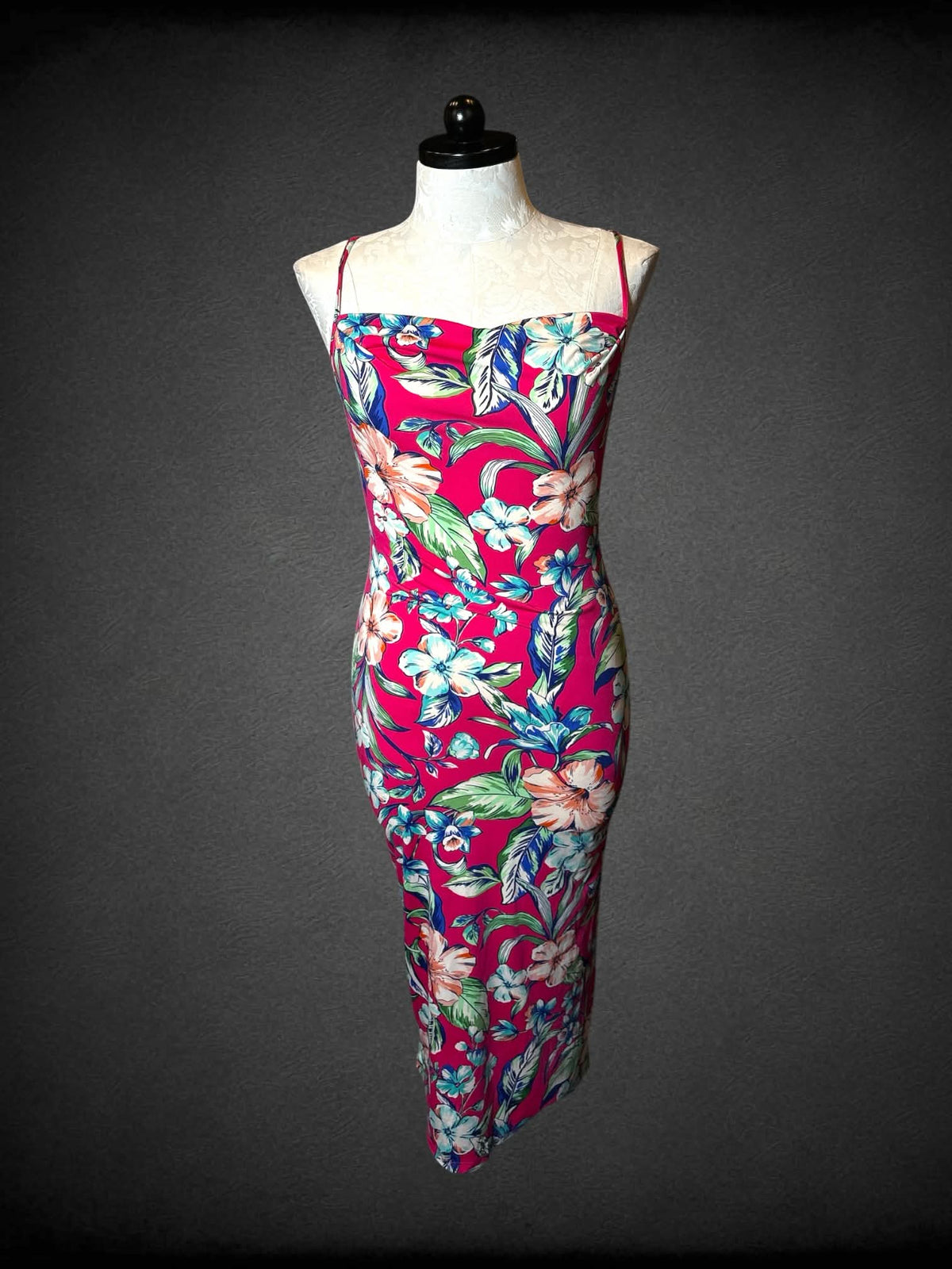 1X Bebe hot pink dress with tropical floral pattern, and adjustable strap