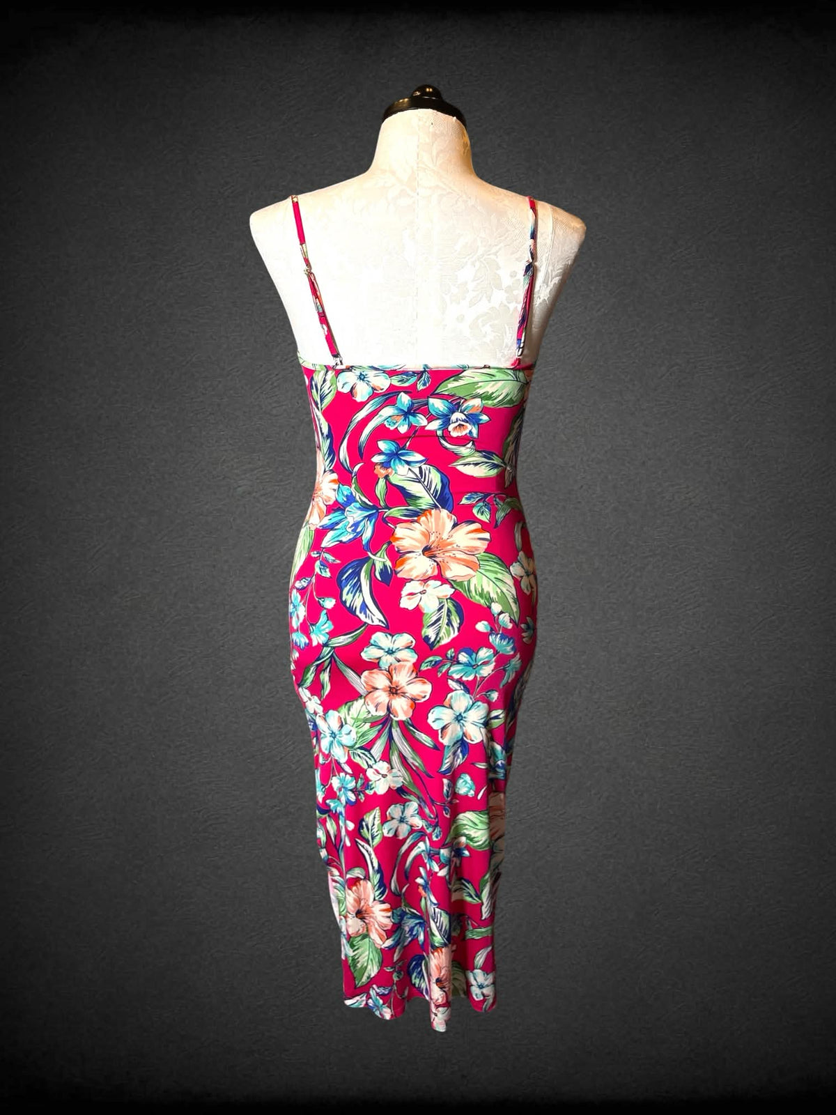 1X Bebe hot pink dress with tropical floral pattern, and adjustable strap