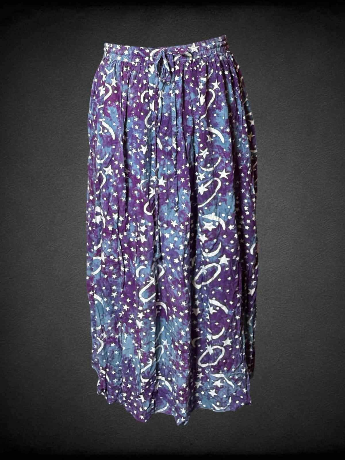 1X Wind River Trading Company purple & blue flowery skirt with star and moon pattern, and adjustable tie waist