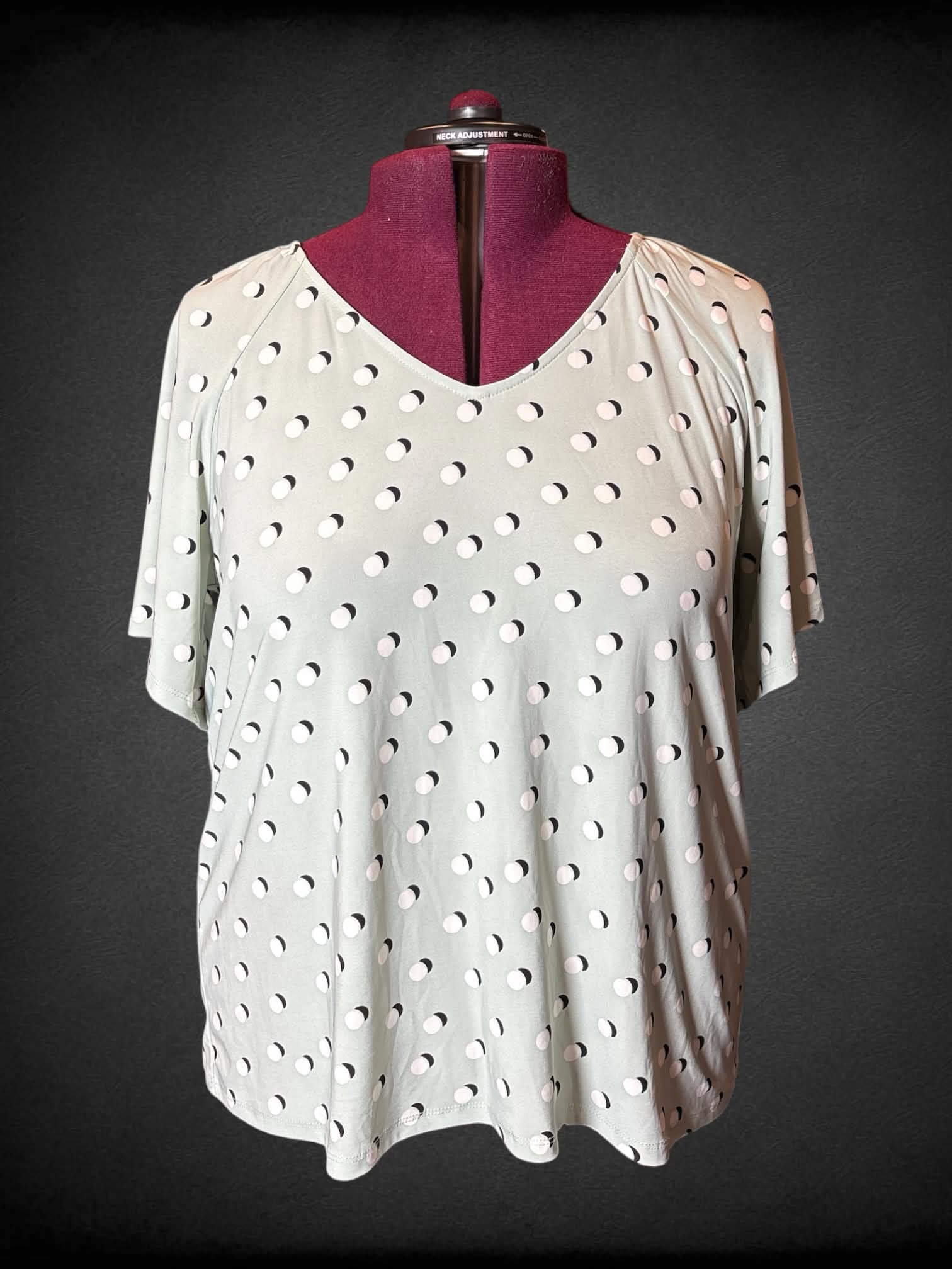 3X Ann Klein sage green blouse with white polka-dot pattern