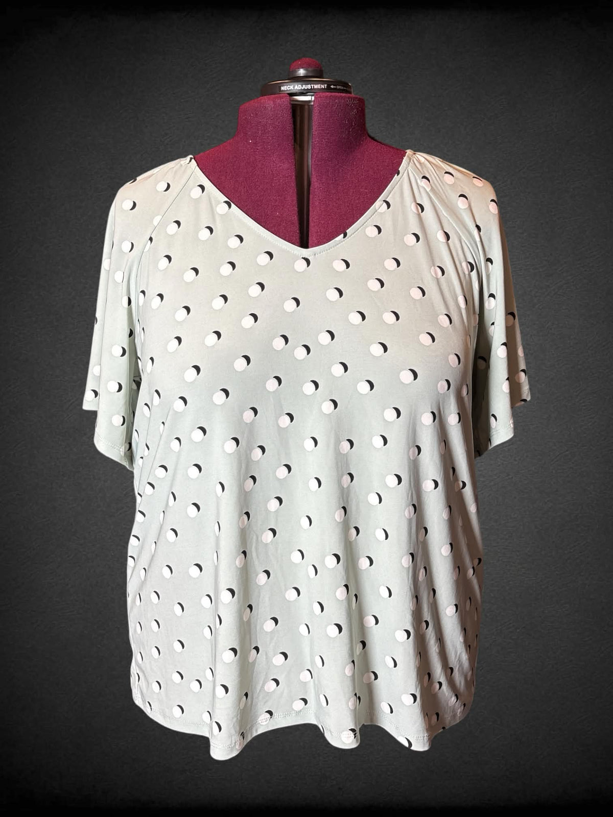 3X Ann Klein sage green blouse with white polka-dot pattern
