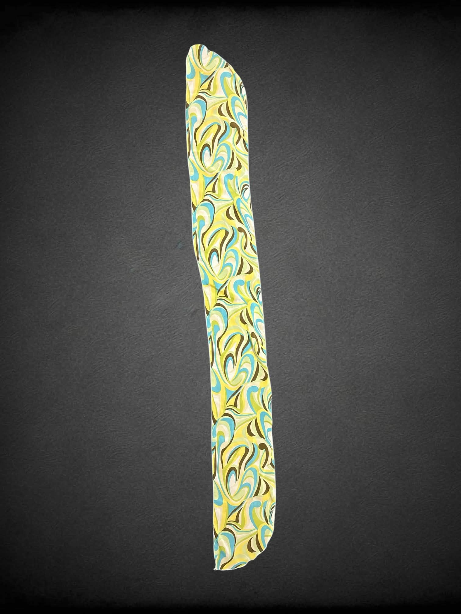 Green 7 x 53 inch scarf with brown & blue swirl pattern