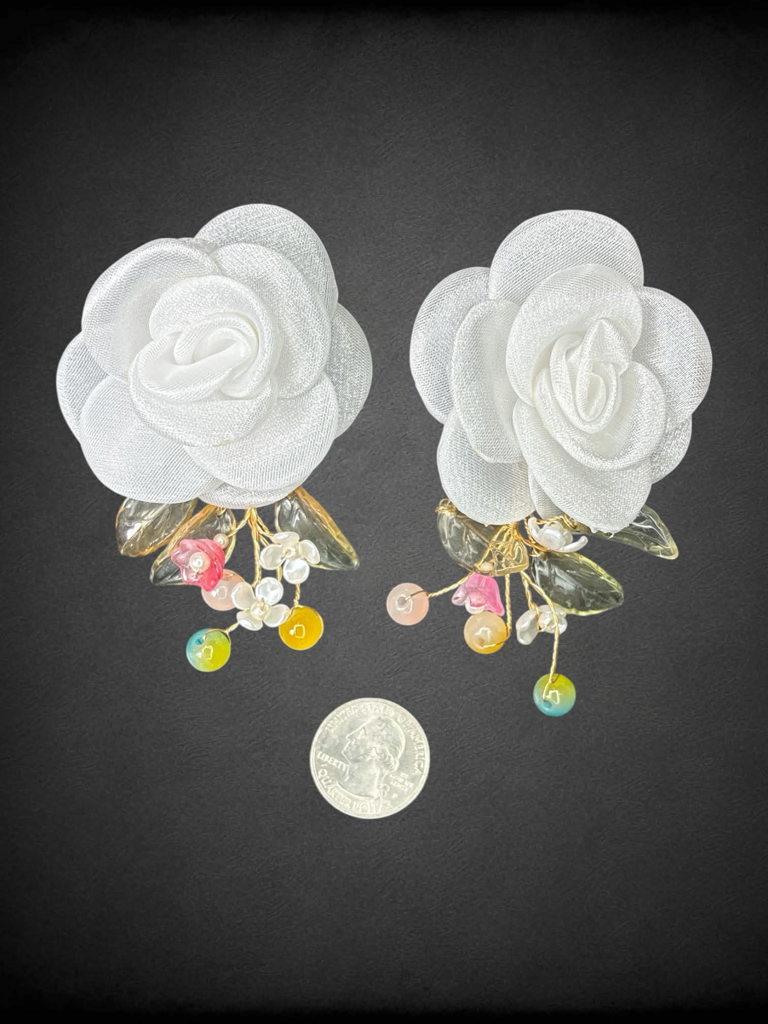 Large white rose earrings with flower branch charms