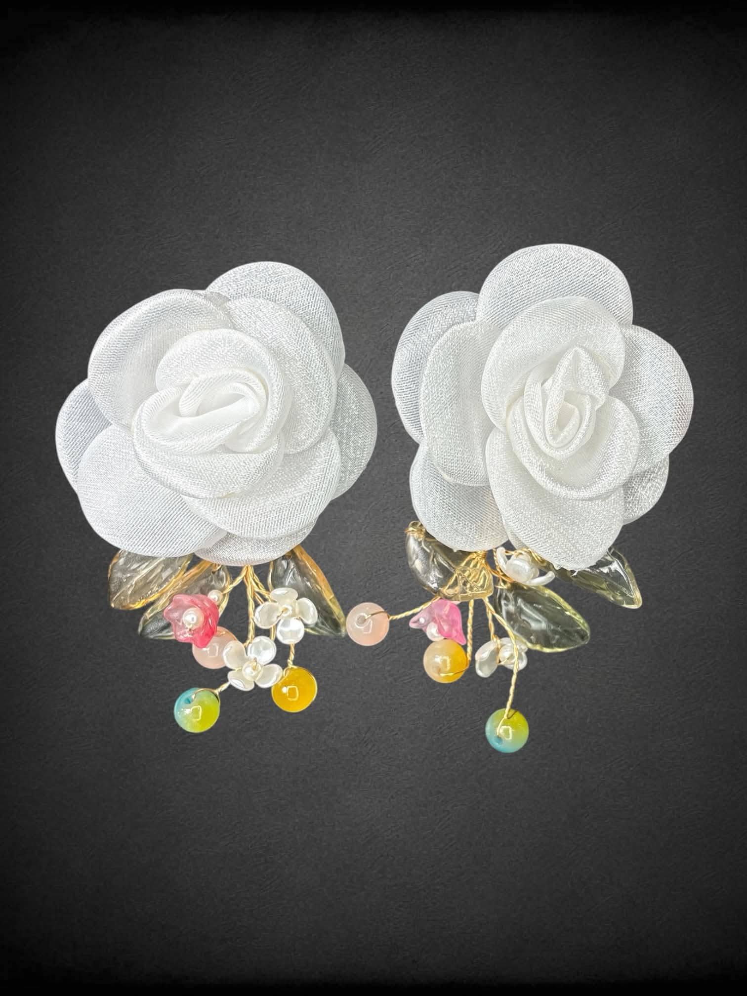 Large white rose earrings with flower branch charms